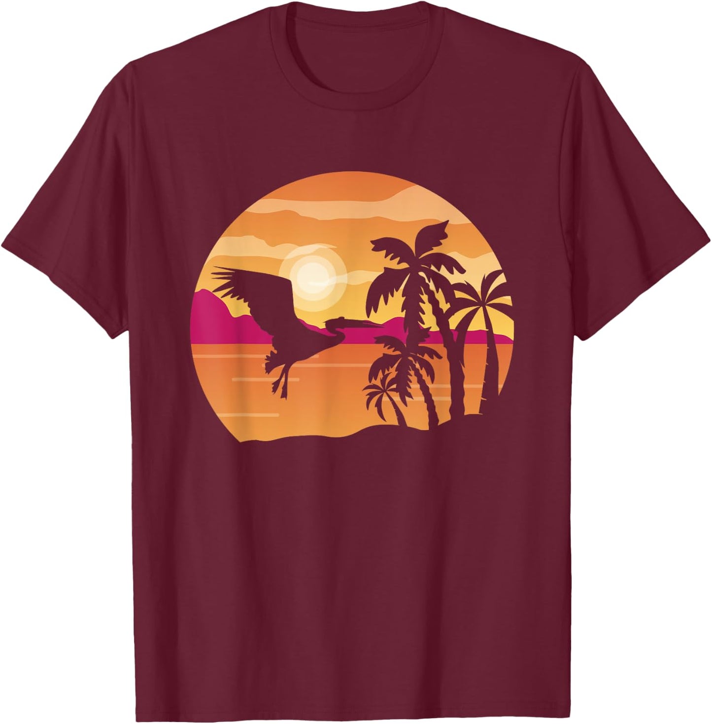 Pelican Bird Palm Tree Tropical Bird Animal Summer Sunrise T-Shirt - T-Shirt | Maroon