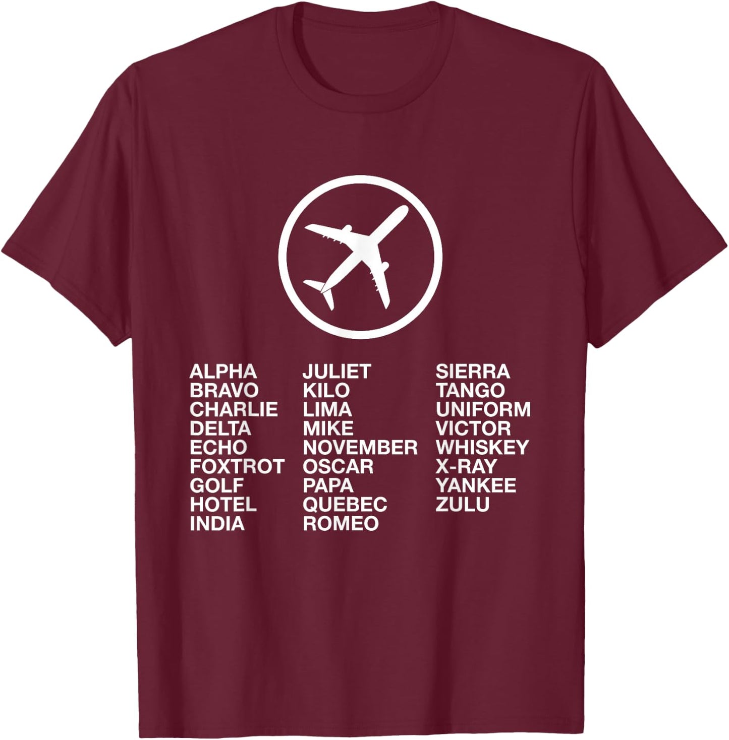 Phonetic Alphabet with Airplane T-Shirt - T-Shirt | Maroon