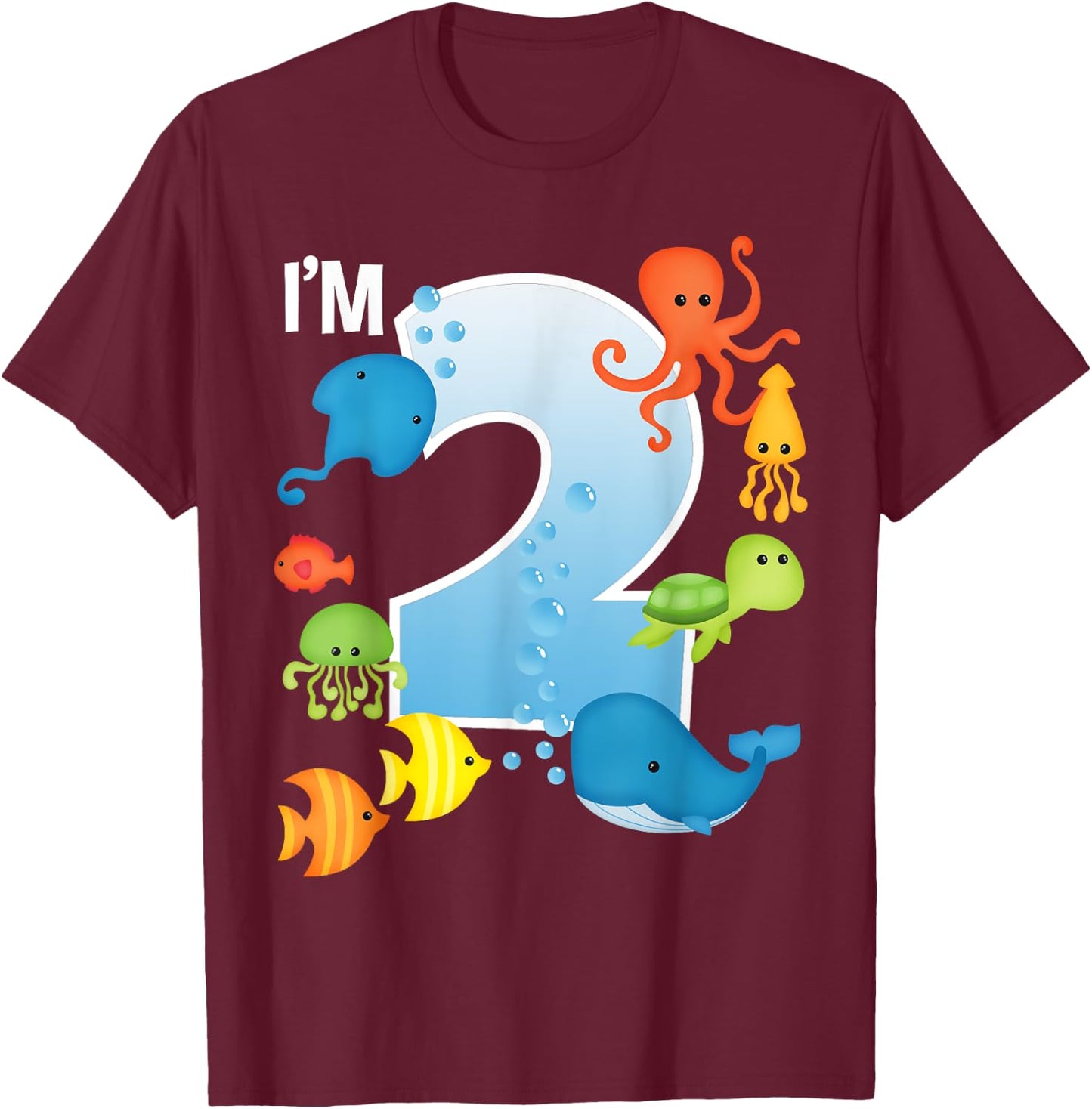 Ocean See Underwater 2 Year Old Under The Sea Birthday Party T-Shirt - T-Shirt | Maroon