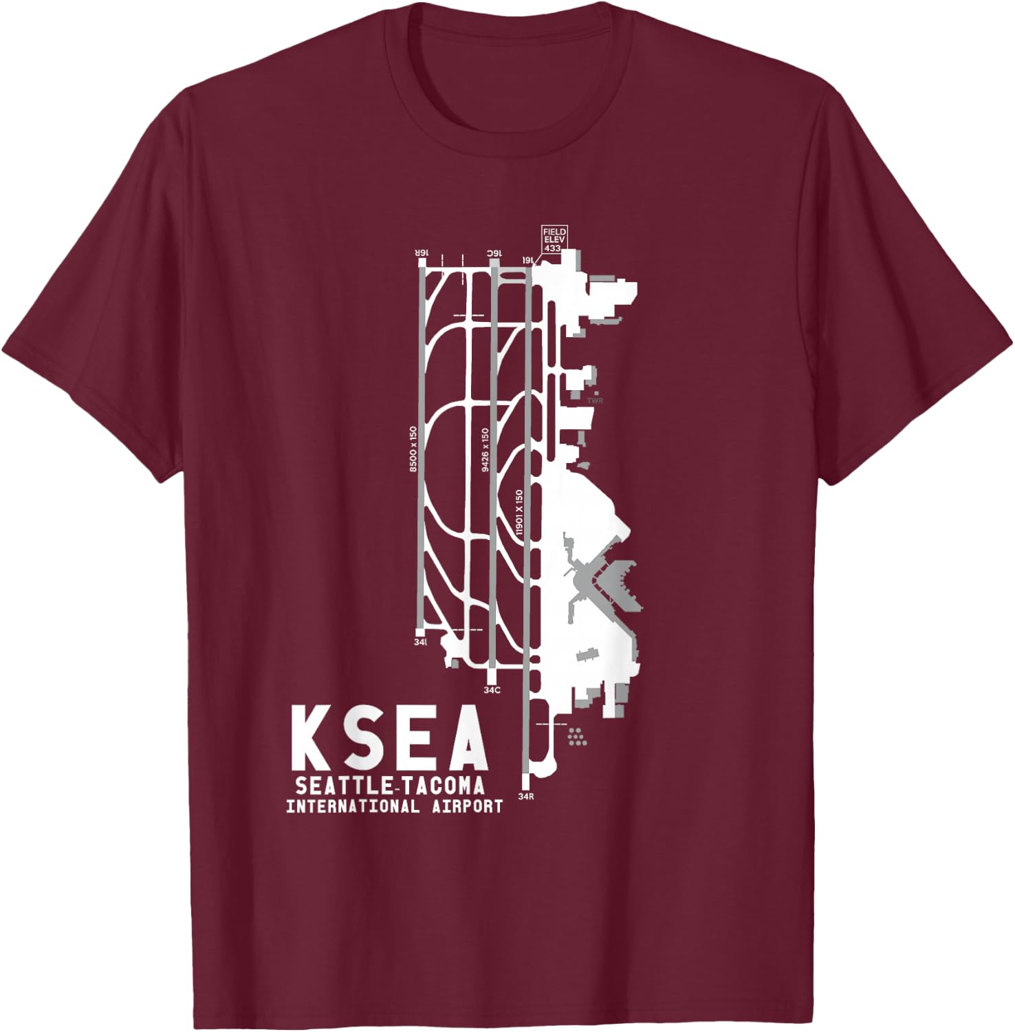 KSEA Seattle-Tacoma Int'l Airport Art Diagram Pilot T-Shirt - T-Shirt | Maroon