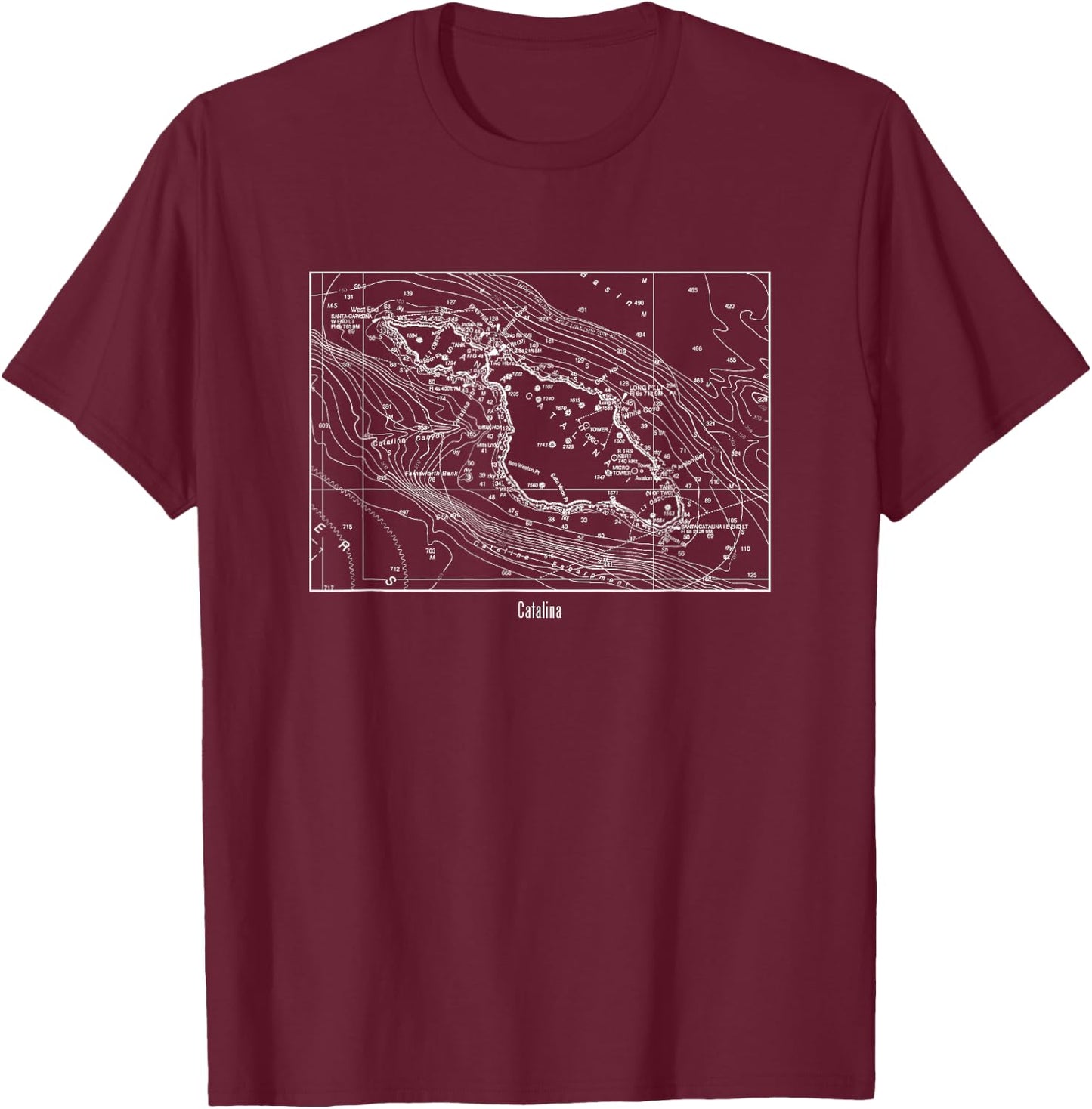 Catalina Island Nautical Marine Chart T-Shirt - T-Shirt | Maroon