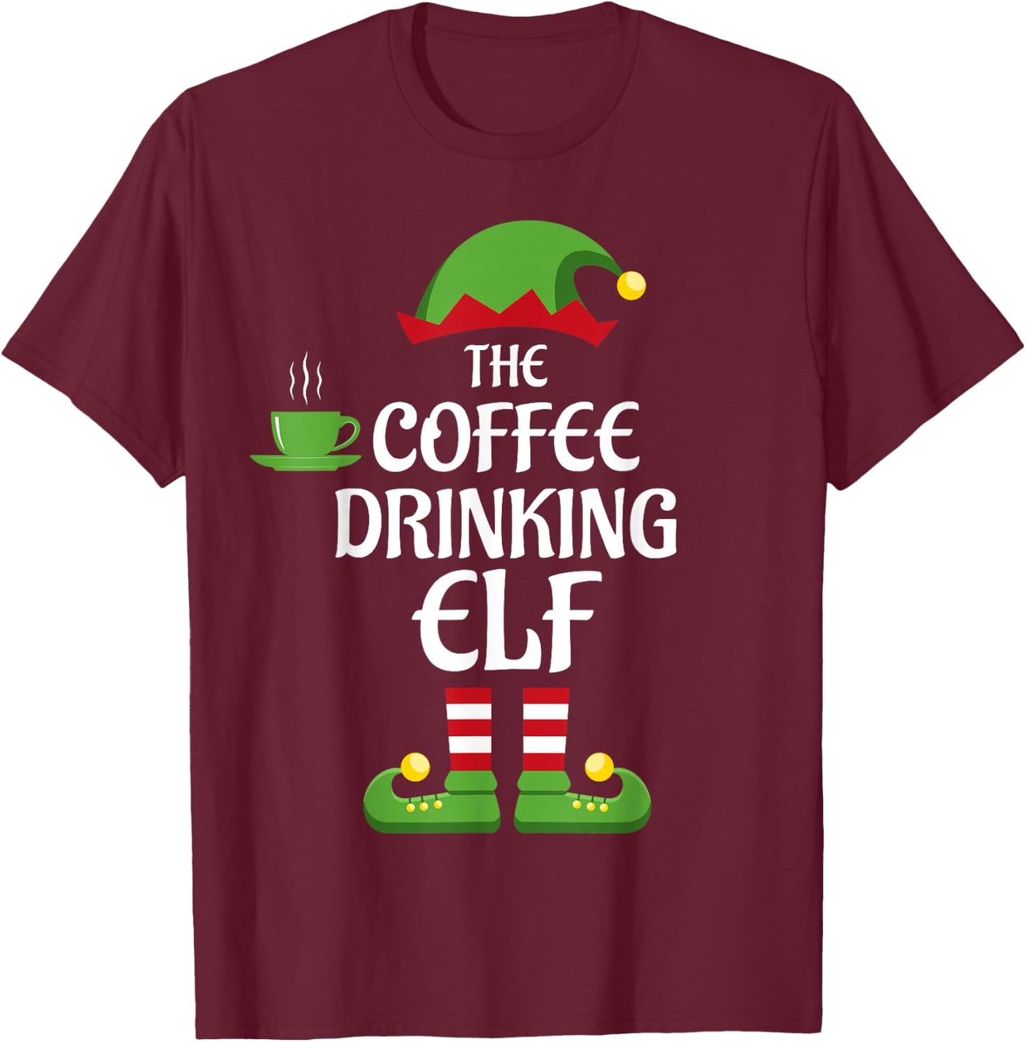 Coffee Drinking Elf Family Matching Group Christmas T-Shirt - T-Shirt | Maroon