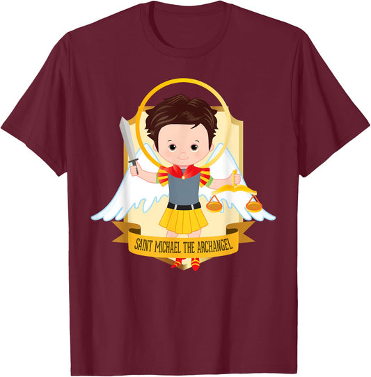 Saint Michael the Archangel for Kids Catholic Boys Cute T-Shirt - T-Shirt | Maroon