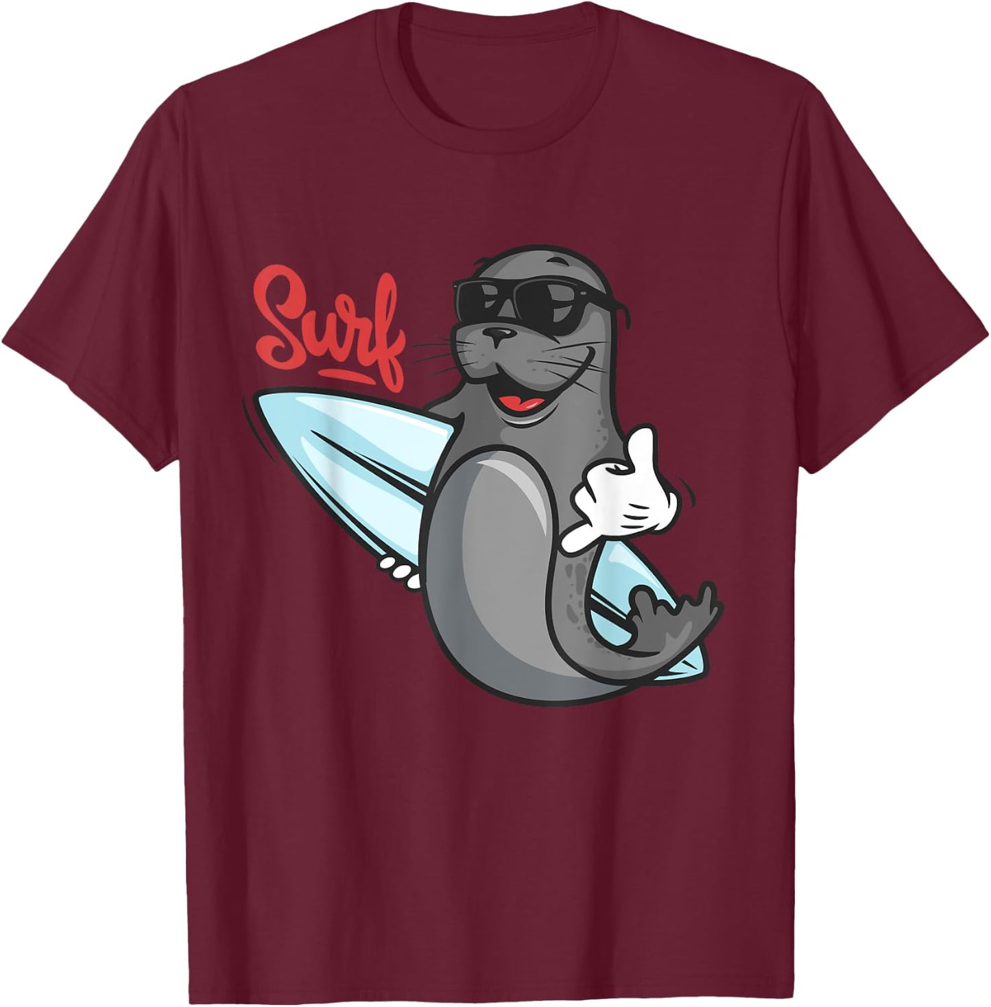 Funny Surfing Shirt. Surf Seal Catroon Hang Ten, Cool T-Shirt - T-Shirt | Maroon