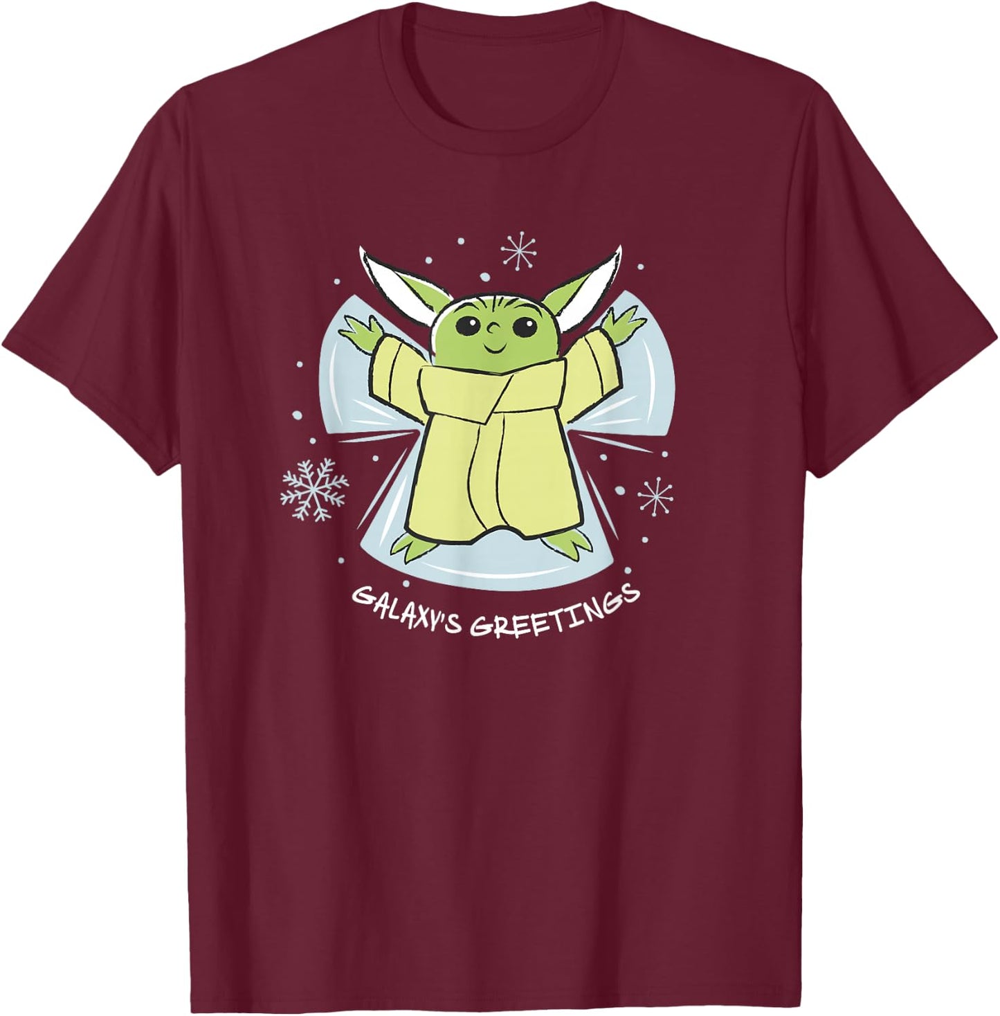 Star Wars The Mandalorian Grogu Galaxy's Greetings Holiday T-Shirt - T-Shirt | Maroon