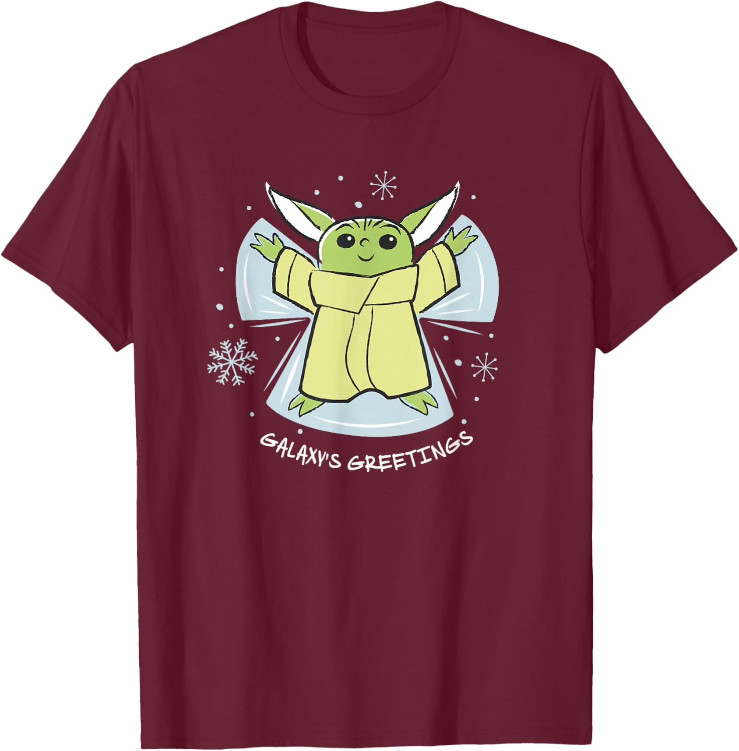 Star Wars The Mandalorian Grogu Galaxy's Greetings Holiday T-Shirt - T-Shirt | Maroon