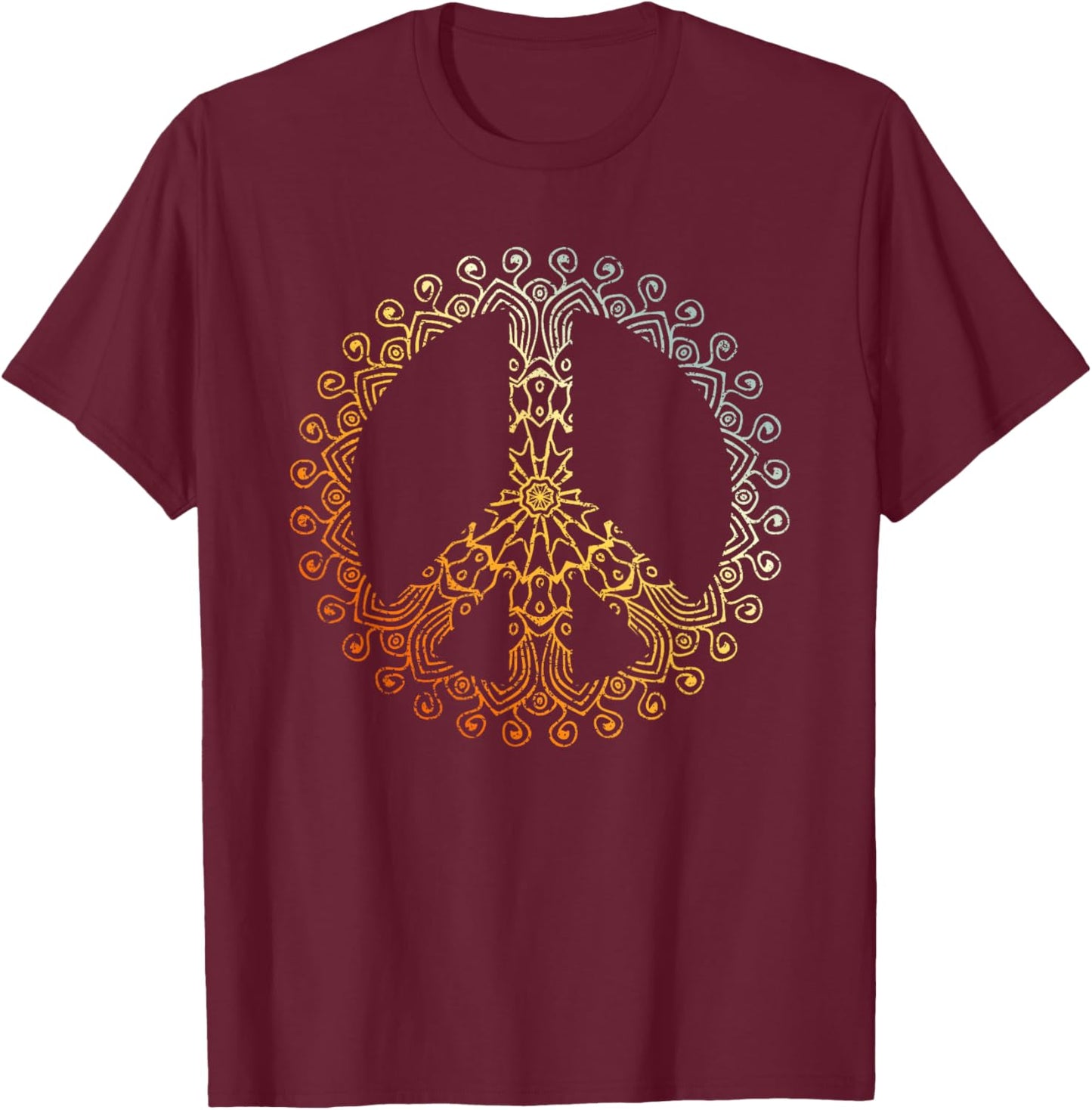 Sunny Neutral Boho Yoga Ornate Mandala Peace Sign Hippie T-Shirt - T-Shirt | Maroon