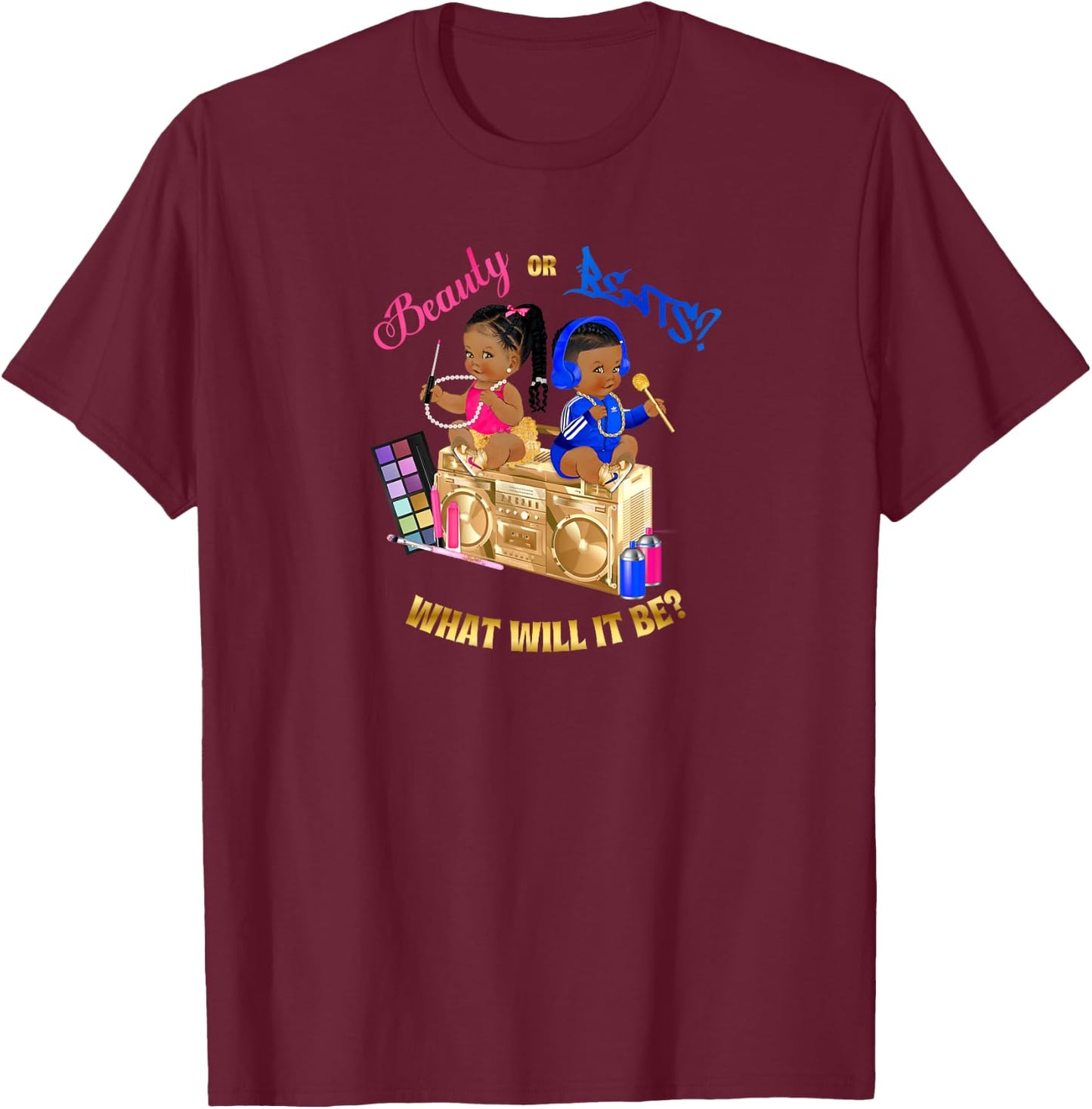Beauty or Beats Baby Gender Reveal Royal Blue Hot Pink Gold T-Shirt - T-Shirt | Maroon