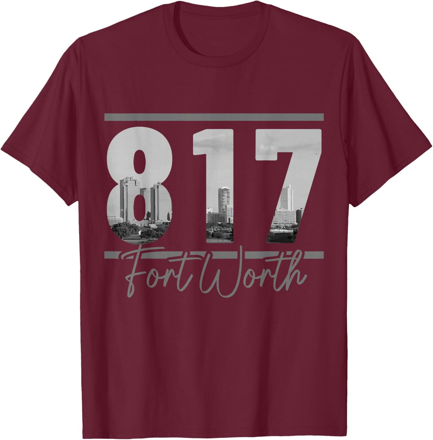 Fort Worth 817 Area Code Skyline Texas Pride Vintage T-Shirt - T-Shirt | Maroon