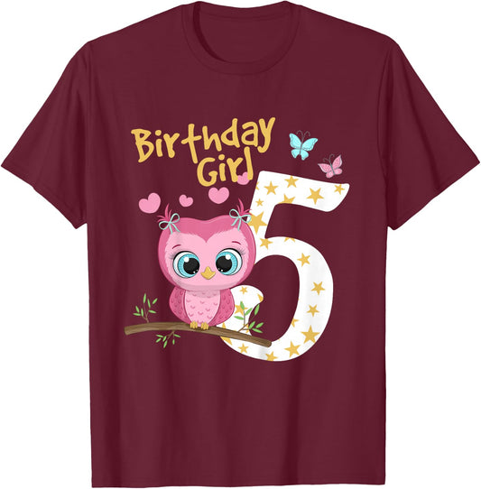 5th Birthday Shirt For Girls Owl Birthday Girl 5 Years T-Shirt - T-Shirt | Maroon