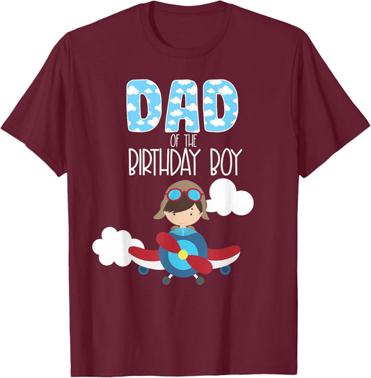 Dad Of The Birthday Boy Airplane Pilot Flying Family T-Shirt - T-Shirt | Maroon