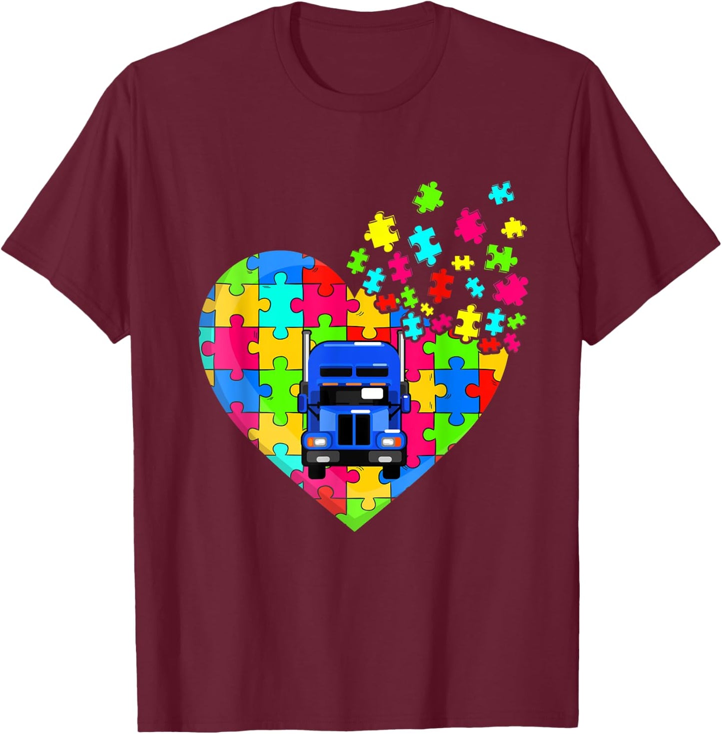 Trucker Heart Puzzle Pieces Support Autism Awareness T-Shirt - T-Shirt | Maroon