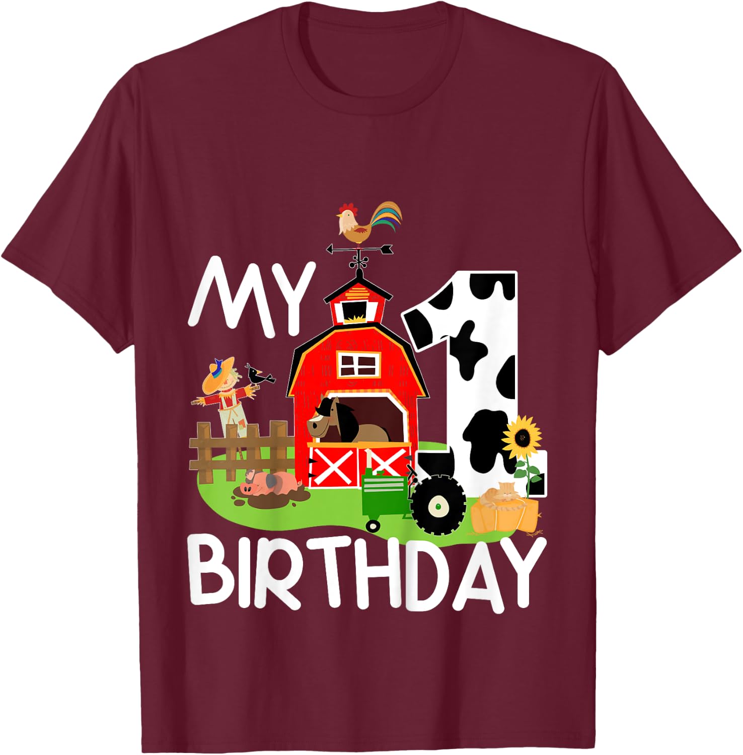 1st Birthday Shirt Farm Tractor Pig Horse Cow Chicken Cat for Kids T-Shirt - T-Shirt | Maroon