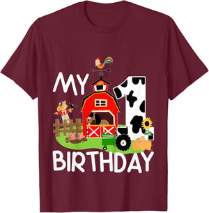 1st Birthday Shirt Farm Tractor Pig Horse Cow Chicken Cat for Kids T-Shirt - T-Shirt | Maroon