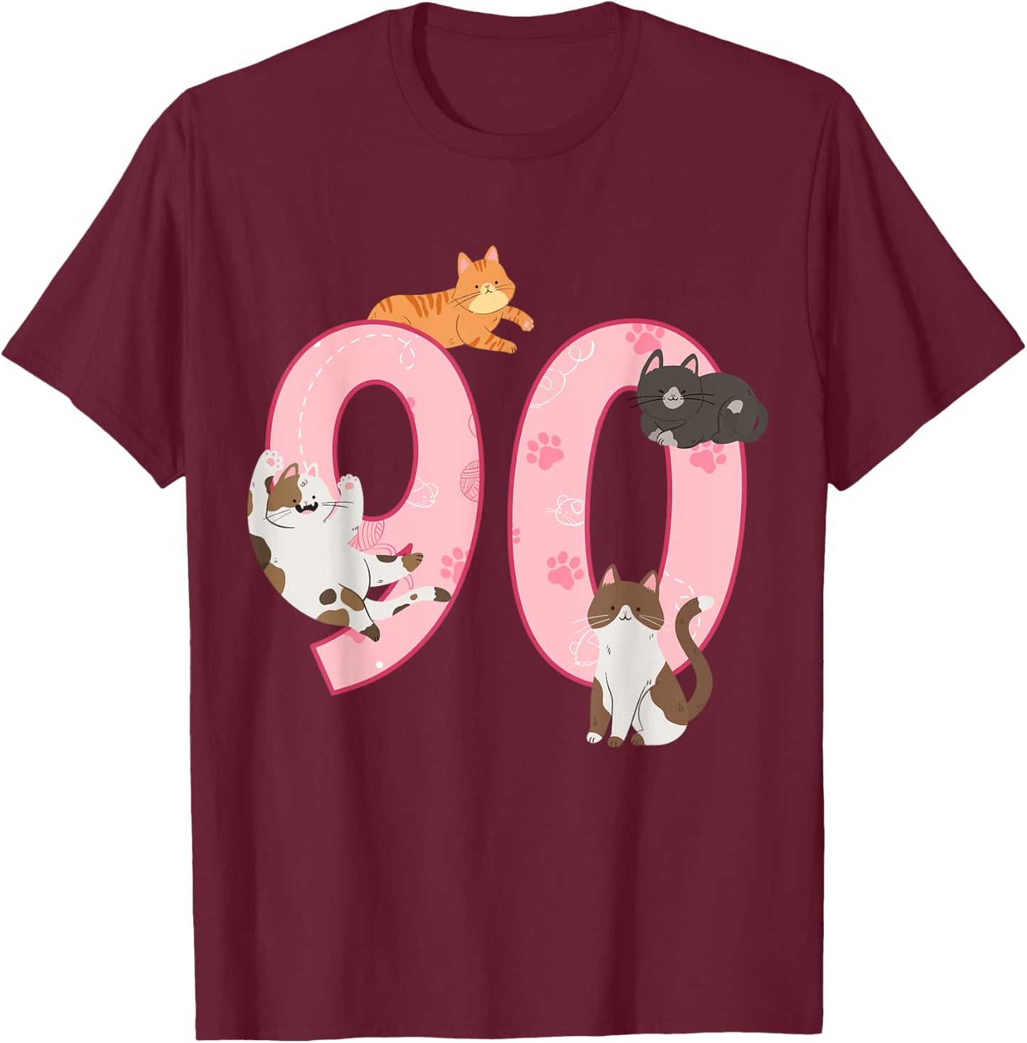 90th Birthday Girl Cat Theme 90 Year Old B-Day Party T-Shirt - T-Shirt | Maroon