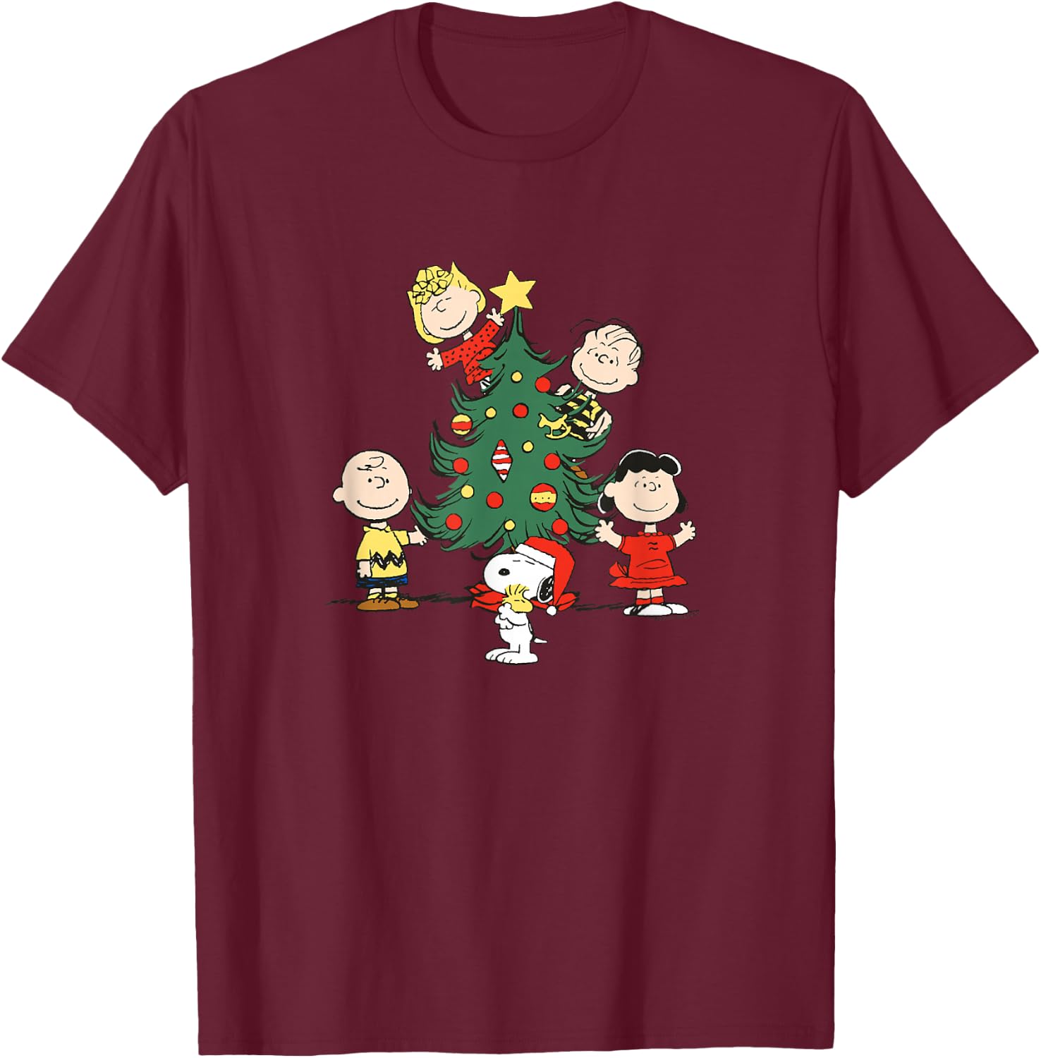 Peanuts Oh Christmas Tree - Blue, -Adults, Short Sleeve, Small T-Shirt - T-Shirt | Maroon