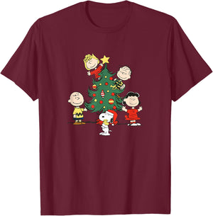 Peanuts Oh Christmas Tree - Blue, -Adults, Short Sleeve, Small T-Shirt - T-Shirt | Maroon