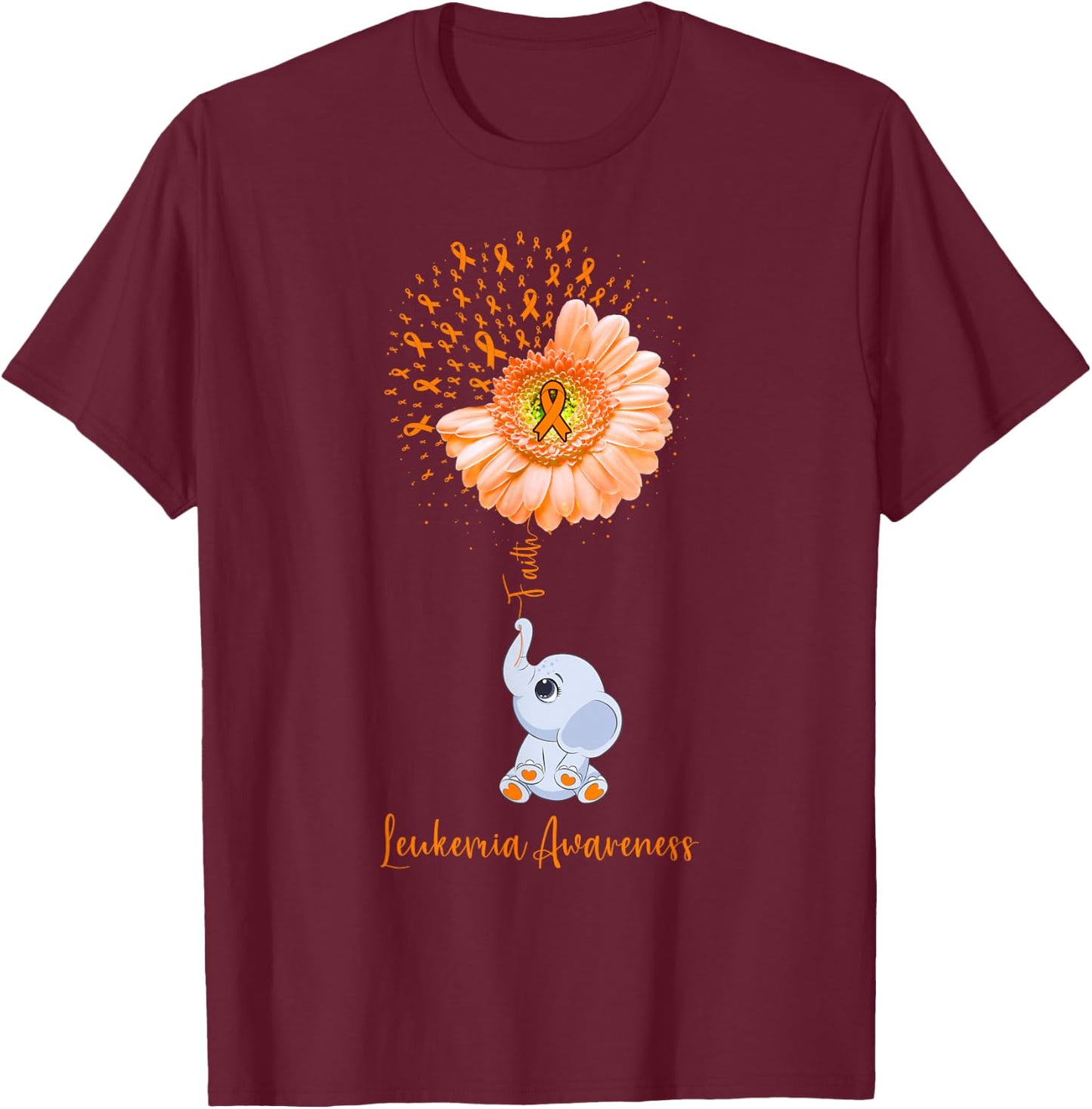 Leukemia Awareness Faith Elephant Survivor Fighter T-Shirt - T-Shirt | Maroon