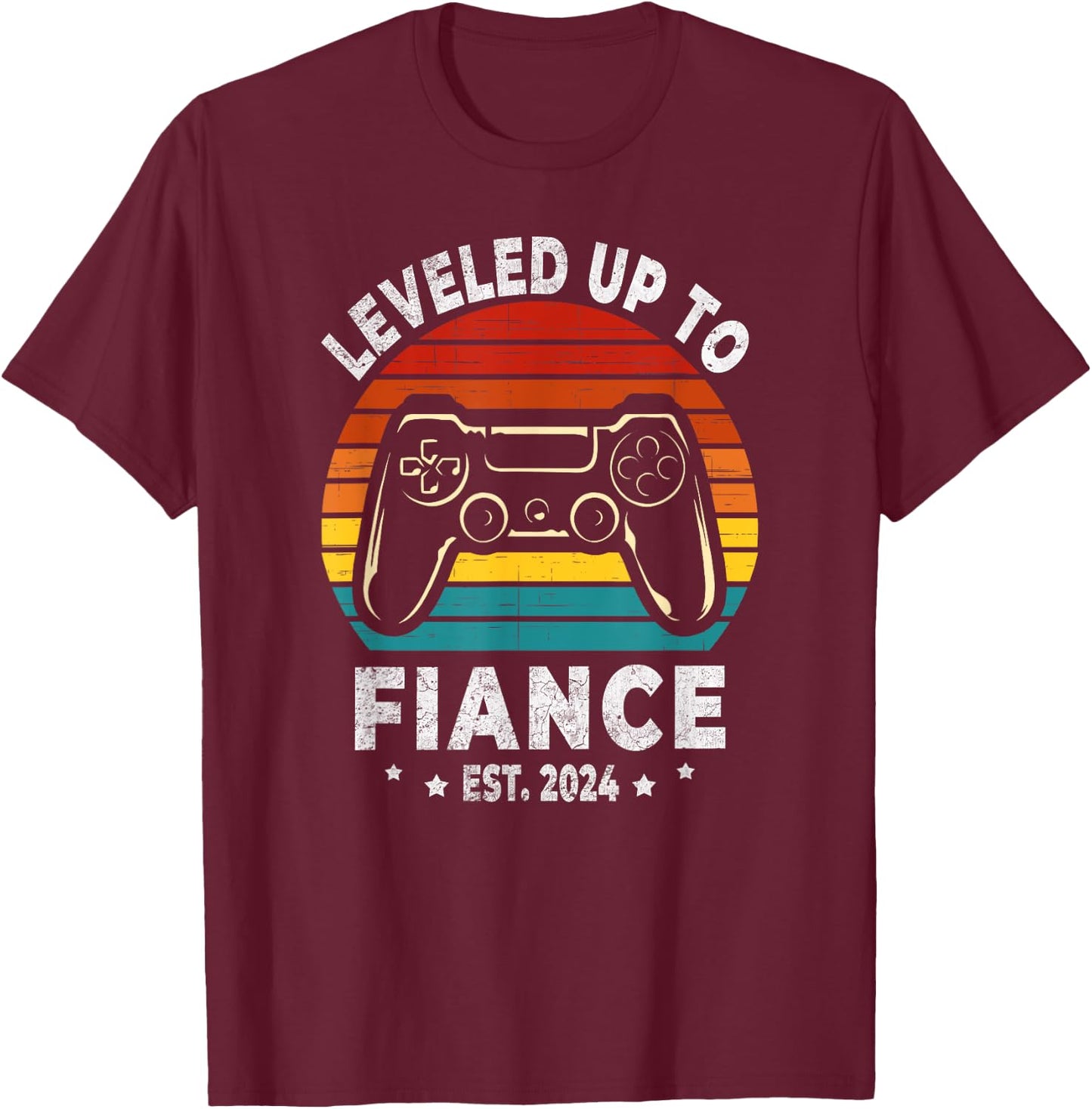 Leveled Up To Fiance 2024 Retro Newly Engaged Men's Black Small Retro Gaming Men T-Shirt - T-Shirt | Maroon