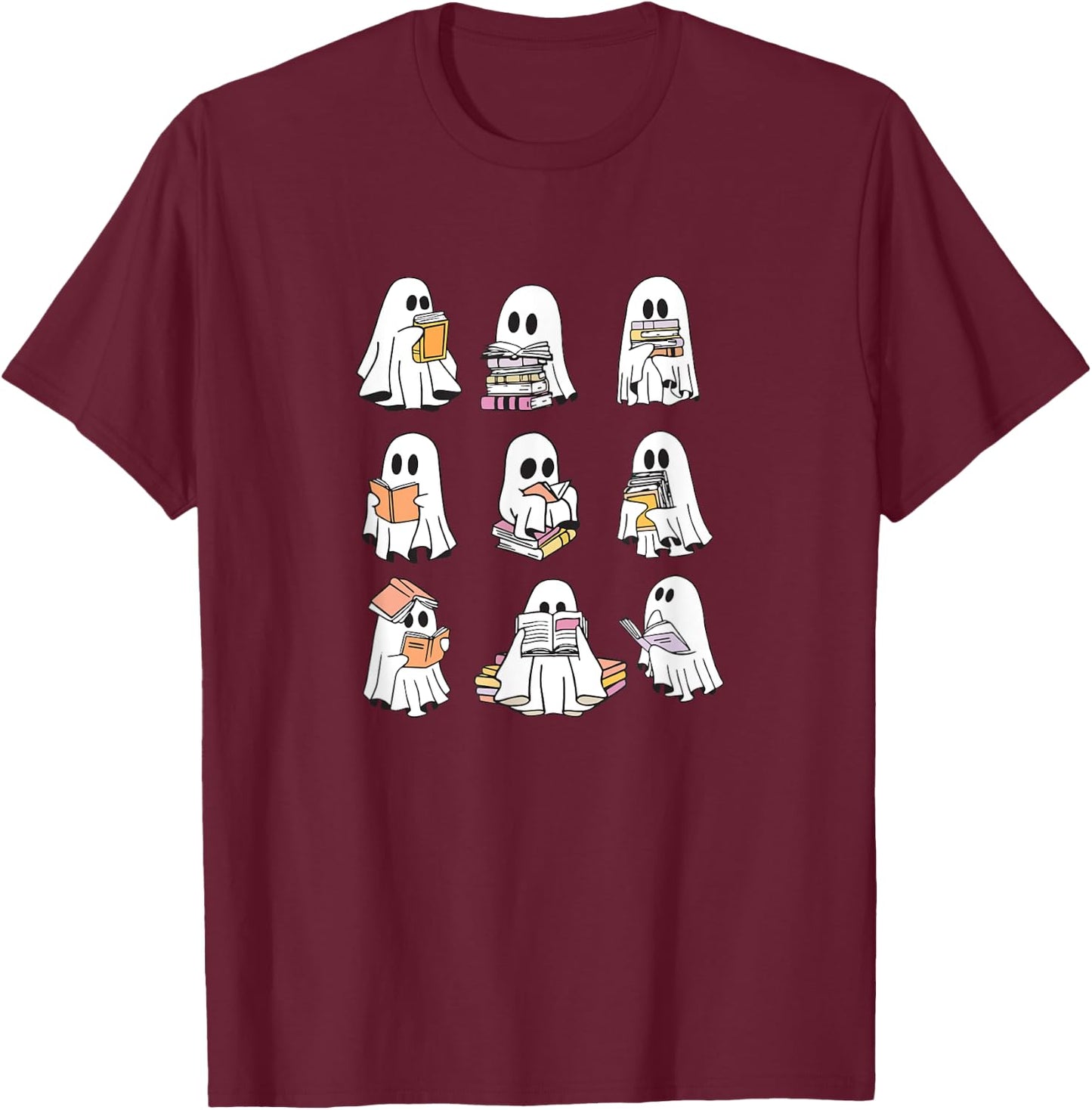 Ghost Reading Books, Bookish Halloween T-Shirt - T-Shirt | Maroon