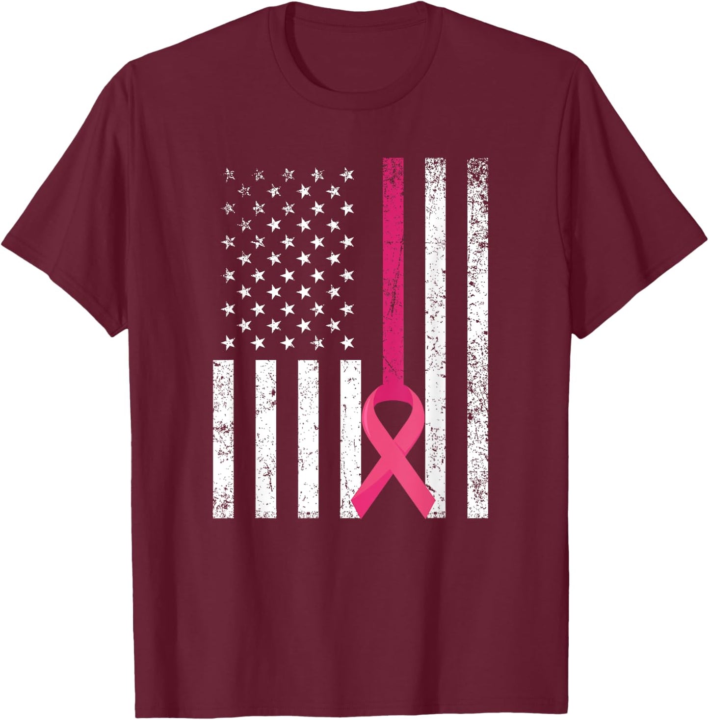 Breast Cancer Awareness Support Pink Ribbon American Flag T-Shirt - T-Shirt | Maroon