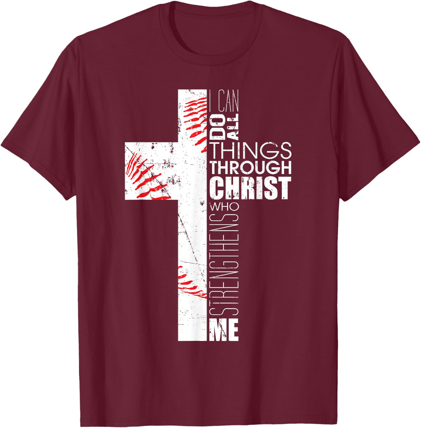 Philippians 4:13 Baseball Christian Cross Religious Verse T-Shirt - T-Shirt | Maroon