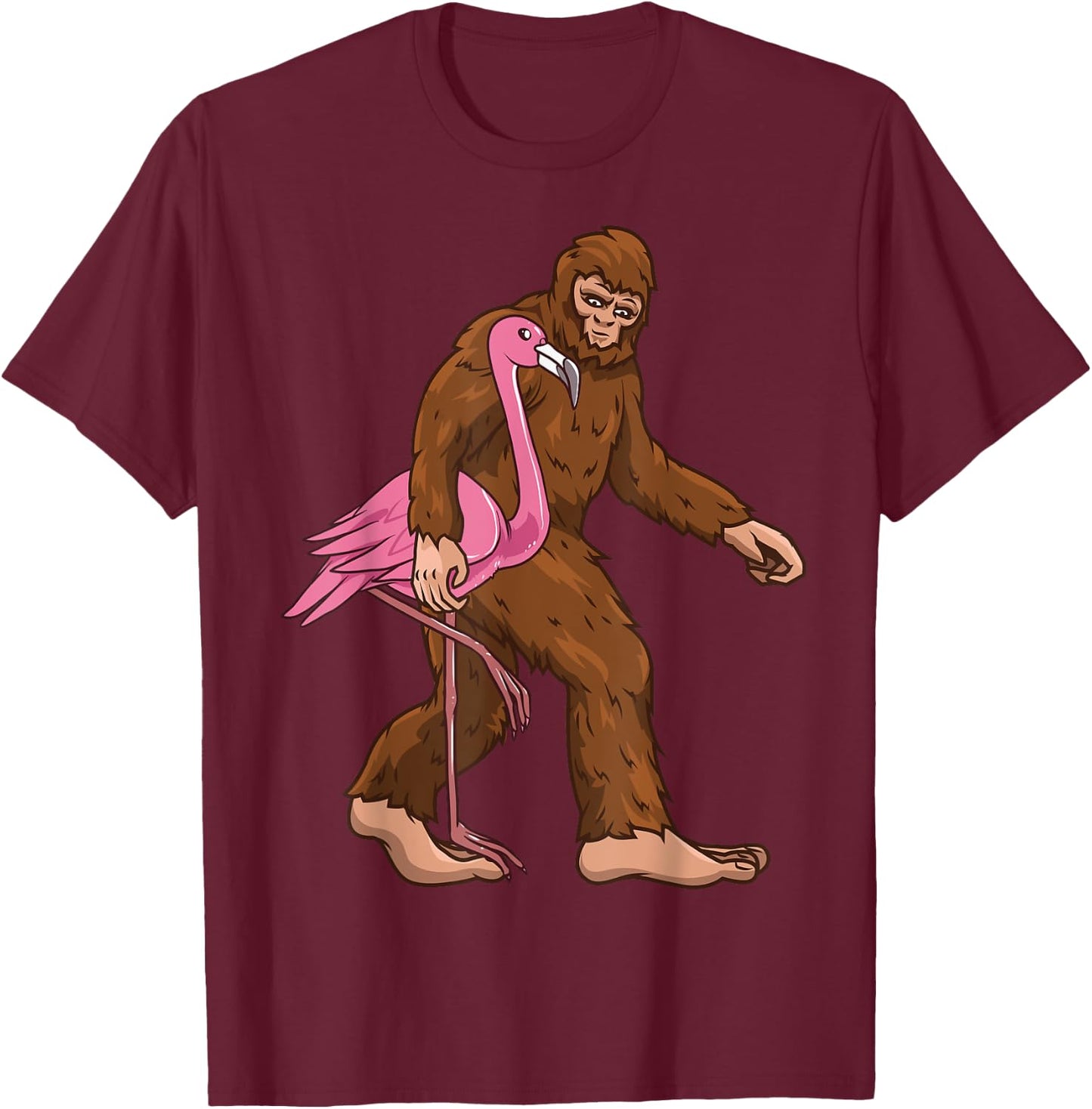 Bigfoot Flamingo Bird Sasquatch Men Women Funny T-Shirt - T-Shirt | Maroon