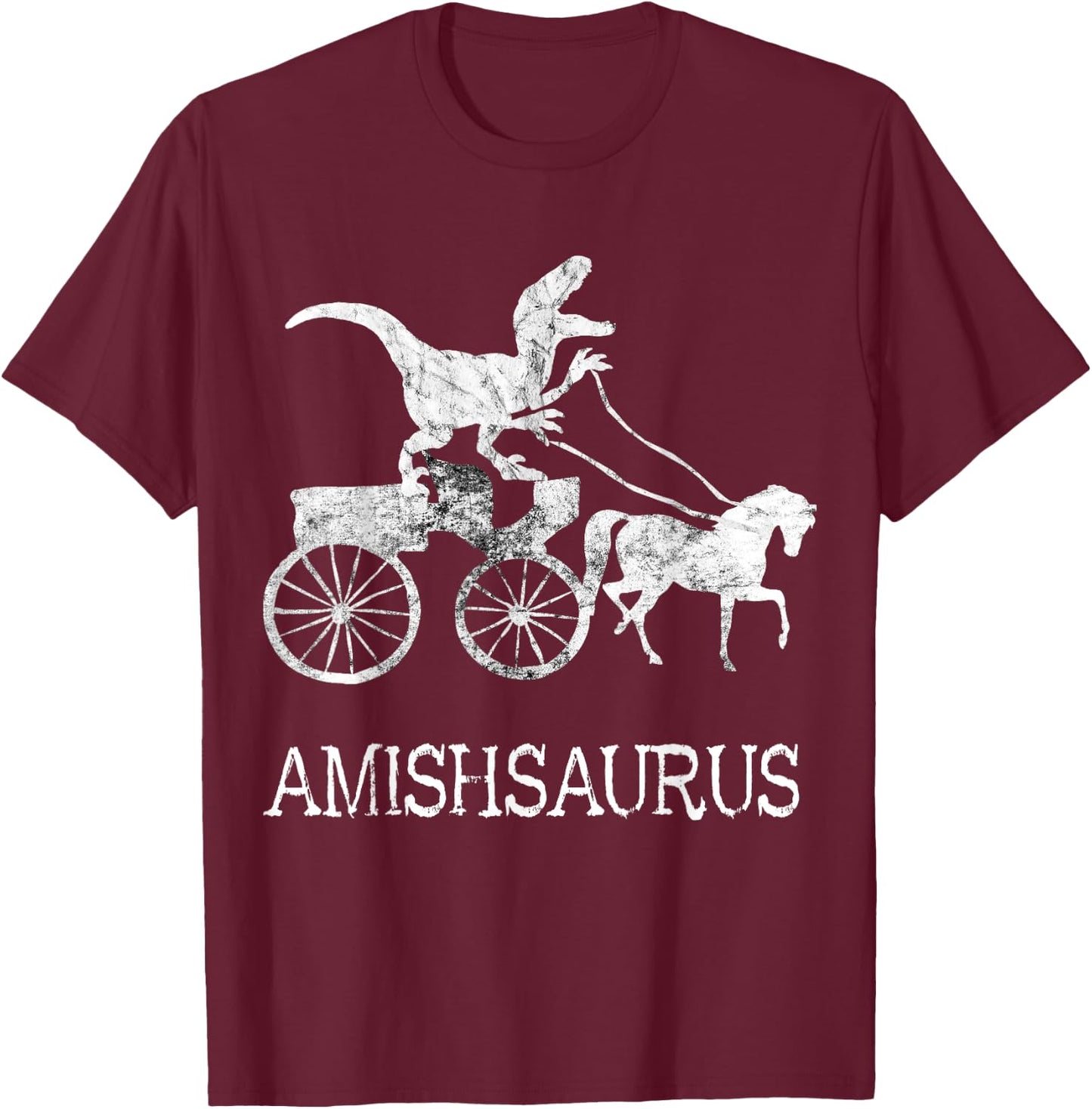 Amish Saurus Dinosaurs Horse Riding Buggy Funny Dino T-Rex T-Shirt - T-Shirt | Maroon