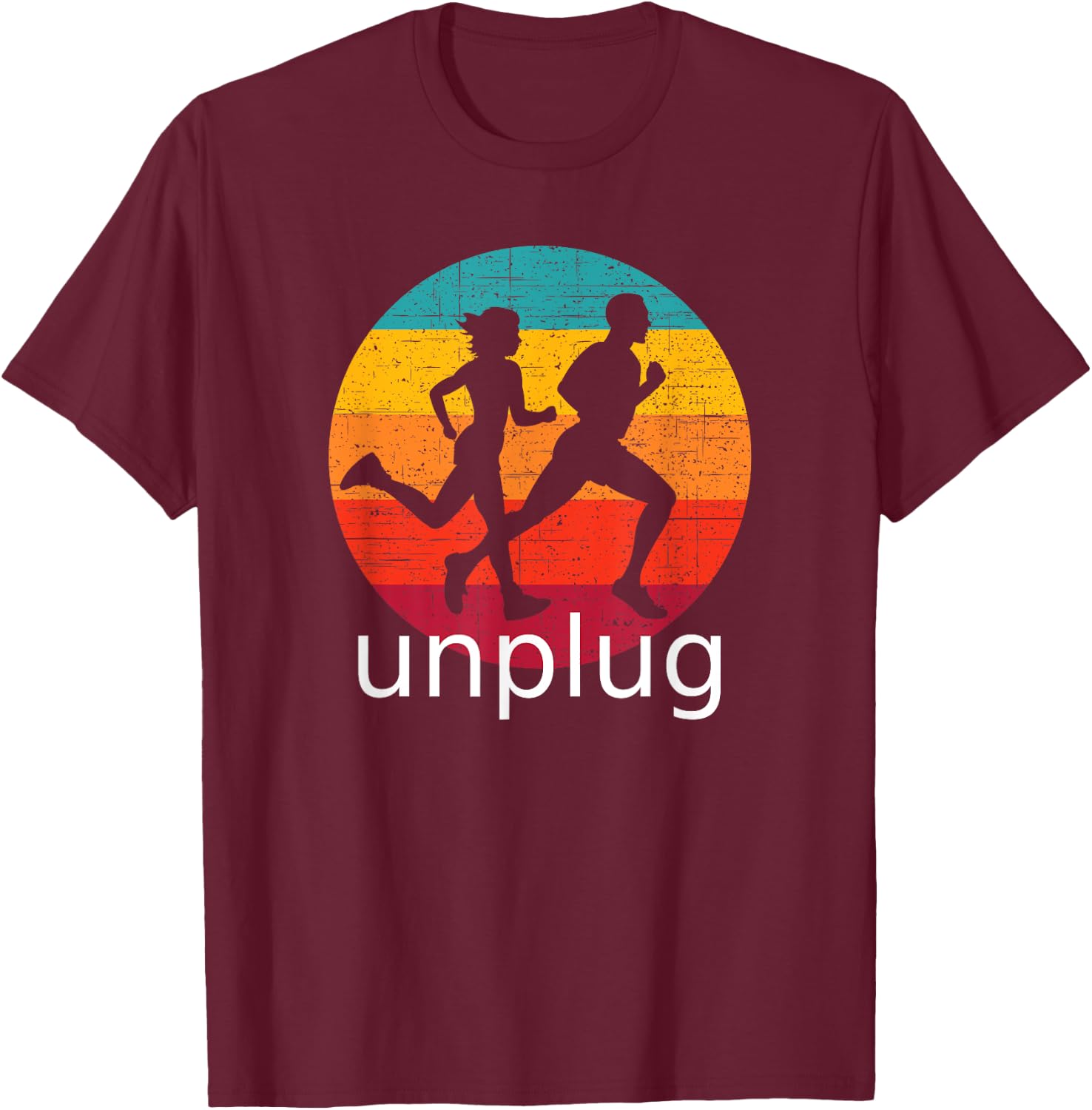 Vintage Running Unplug over Retro Sunset T-Shirt - T-Shirt | Maroon