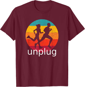 Vintage Running Unplug over Retro Sunset T-Shirt - T-Shirt | Maroon