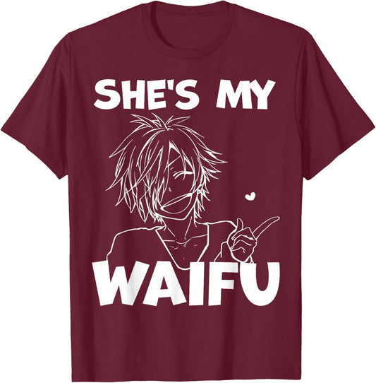 She's My Waifu Funny Anime Matching Couple Boyfriend Gift T-Shirt - T-Shirt | Maroon