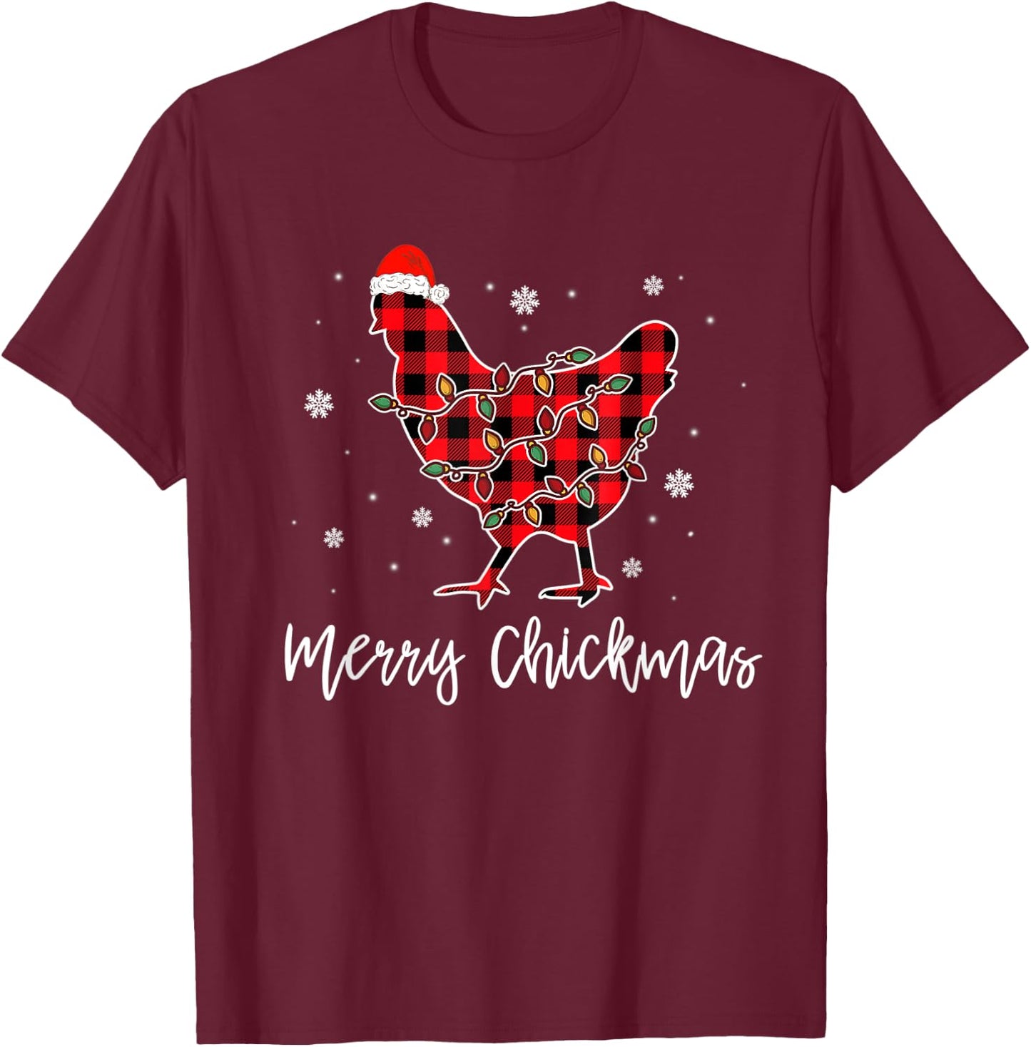 Merry Chickmas Red Plaid Pajama Chicken Santa Hat Chritsmas T-Shirt - T-Shirt | Maroon