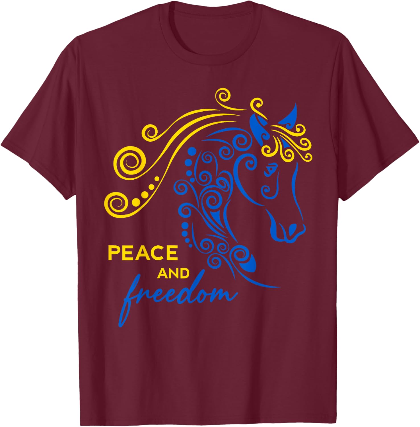 Ukraine Peace and Freedom Ukrainian Horse Flag Blue Yellow T-Shirt - T-Shirt | Maroon