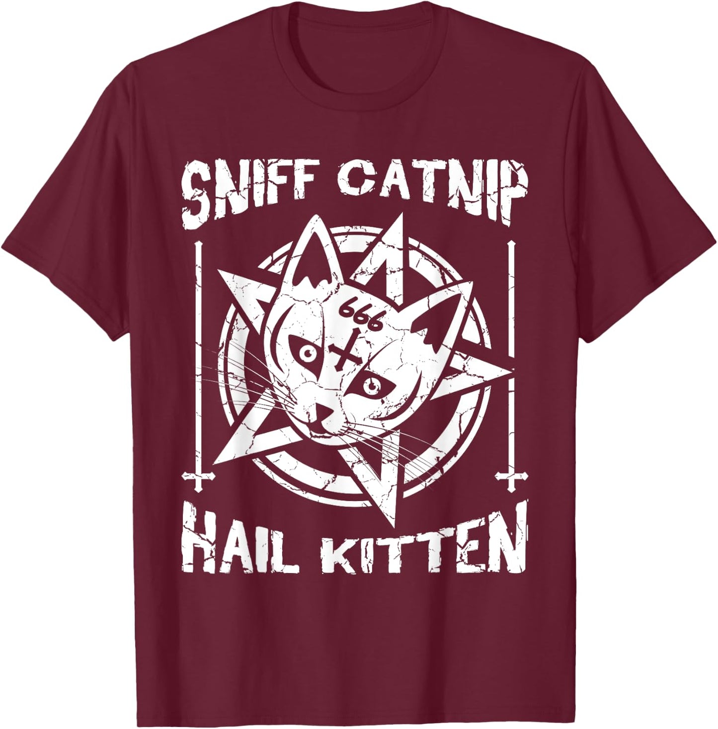 Sniff Catnip Hail Kitten Death Metal Cat Black Heavy Rock Men Women T-Shirt - T-Shirt | Maroon