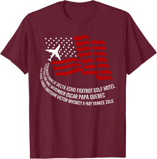 Phonetic Alphabet | American Pilot Airplane USA Flag Shirt Women Men T-Shirt - T-Shirt | Maroon