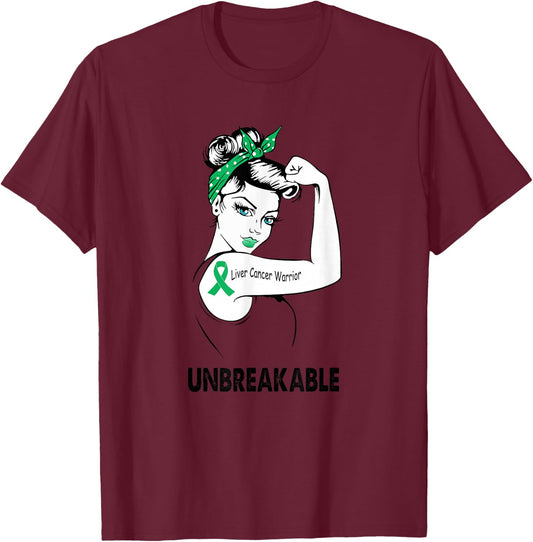 Liver Cancer Warrior Unbreakable Gift Awareness T-Shirt - T-Shirt | Maroon