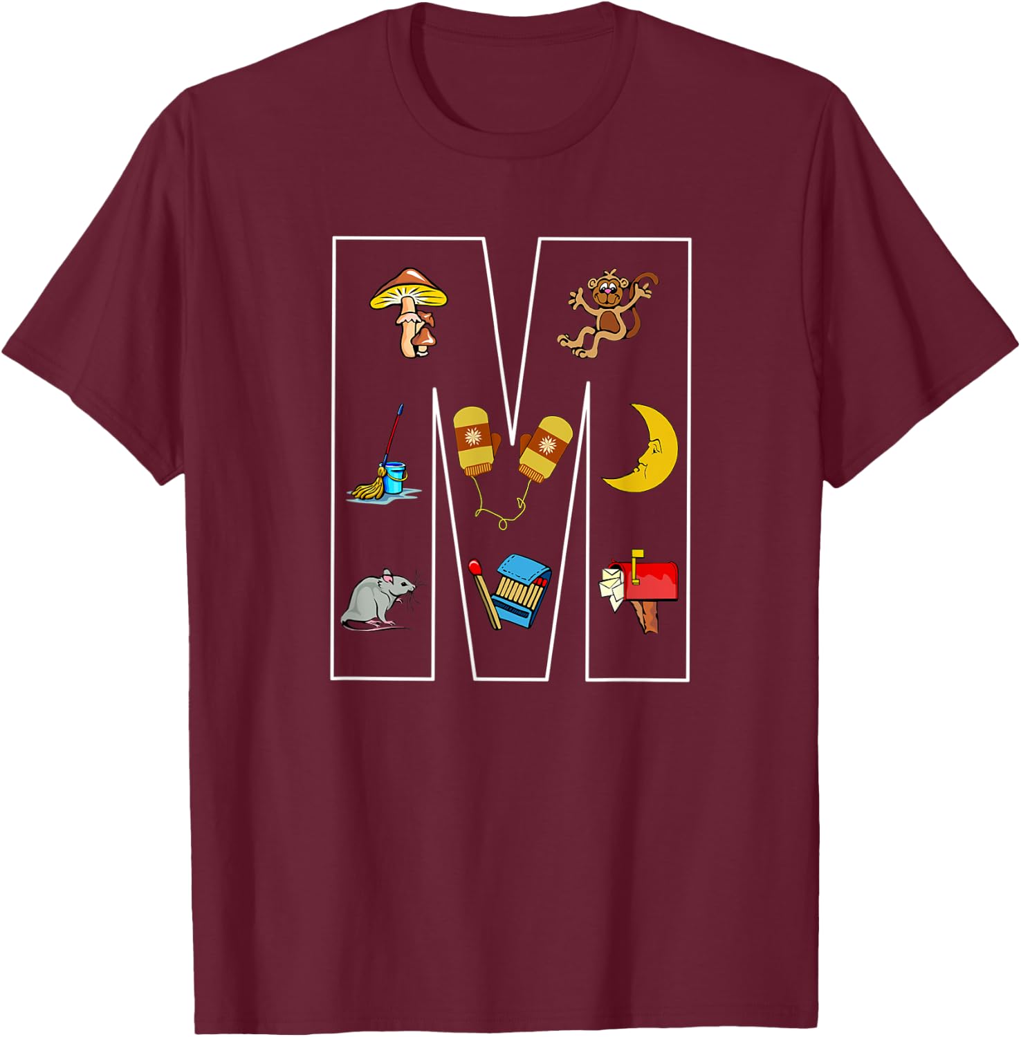 Alphabet Letter M Phonics Objects That Start With M Shirt T-Shirt - T-Shirt | Maroon