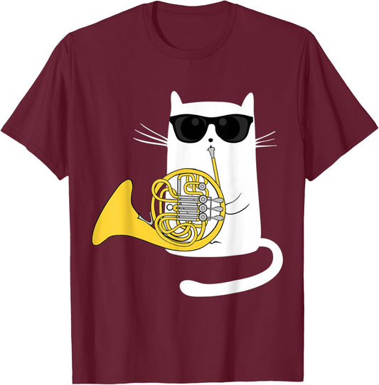 Jazz Cat Playing French Horn - Cool Smooth T-Shirt - T-Shirt | Maroon