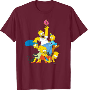 The Simpsons Family Donut Reach Small T-Shirt - T-Shirt | Maroon