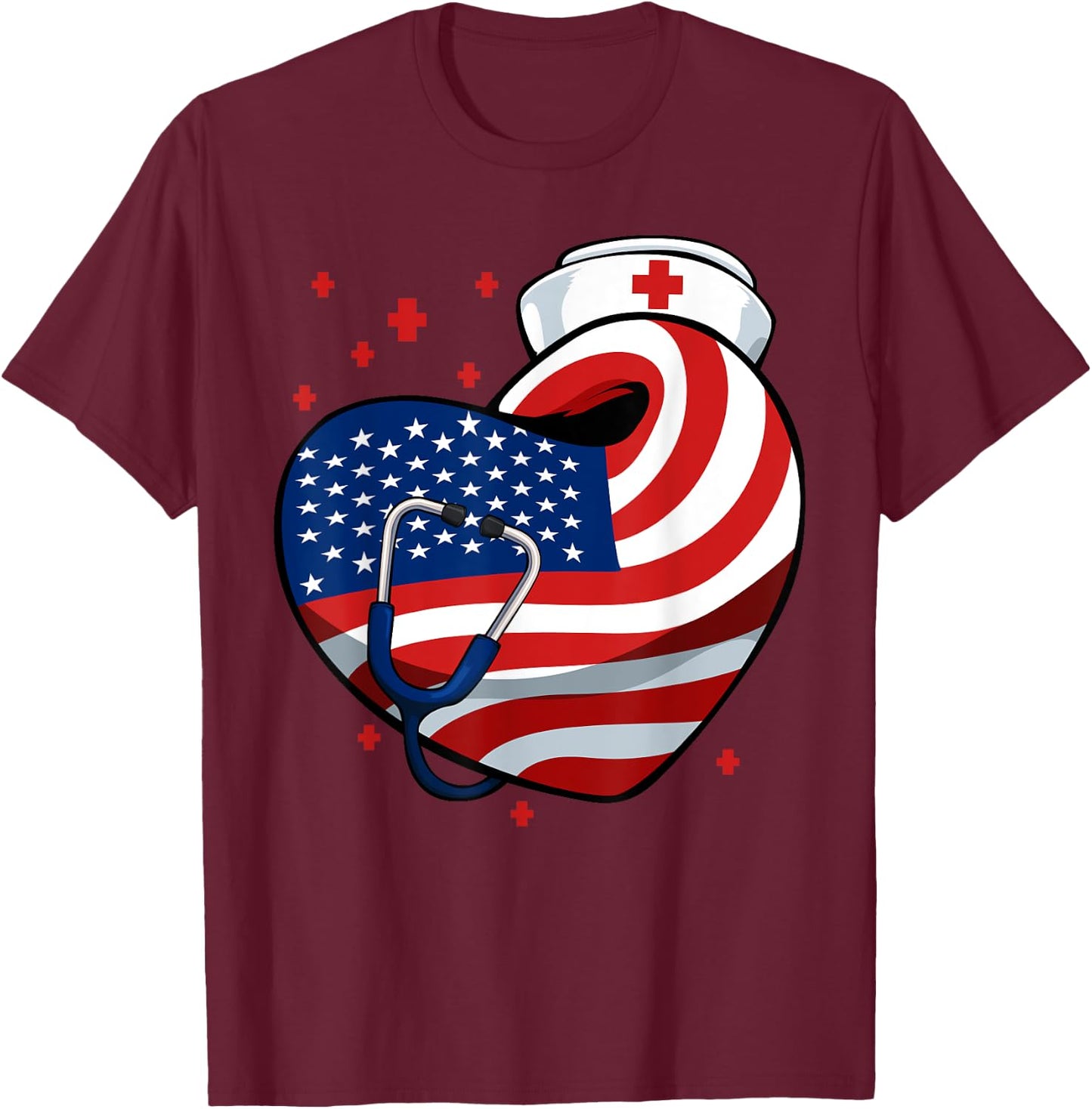 Patriotic Nurse 4th Of July American Flag Heart Stethoscope T-Shirt - T-Shirt | Maroon