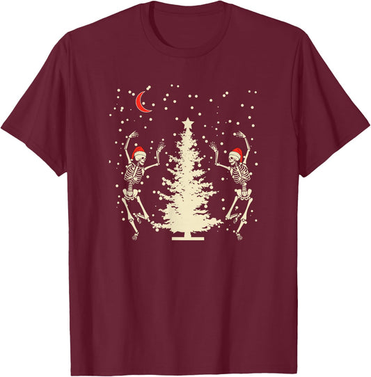 Funny Goth Christmas, Dancing Skeletons T-Shirt - T-Shirt | Maroon