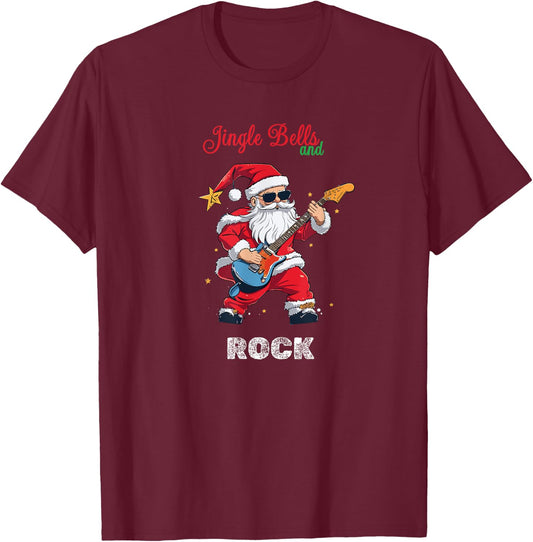 Jingle Bell and Rock Christmas Santa Rolling Playing Guitar T-Shirt - T-Shirt | Maroon