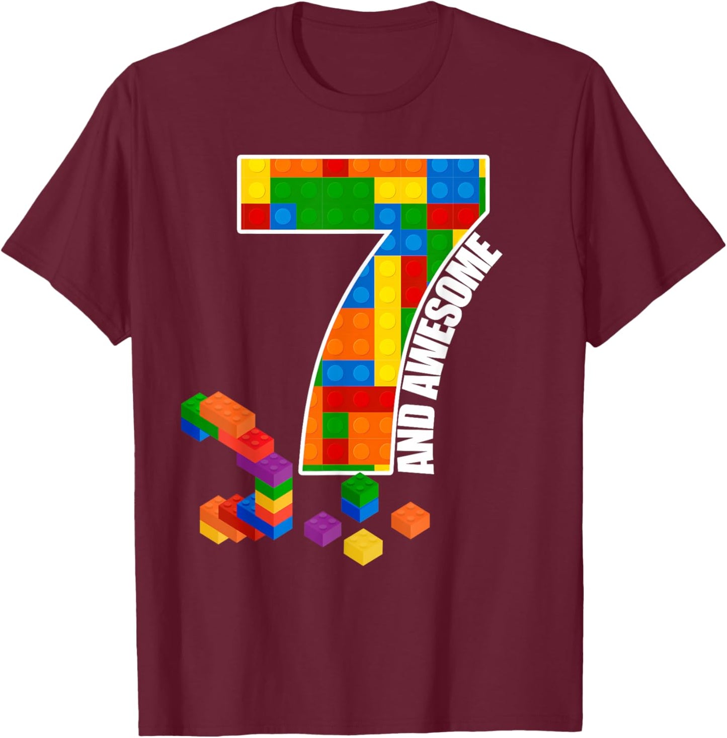 Building Blocks Bricks 7 Years Old Awesome Birthday Boy T-Shirt - T-Shirt | Maroon