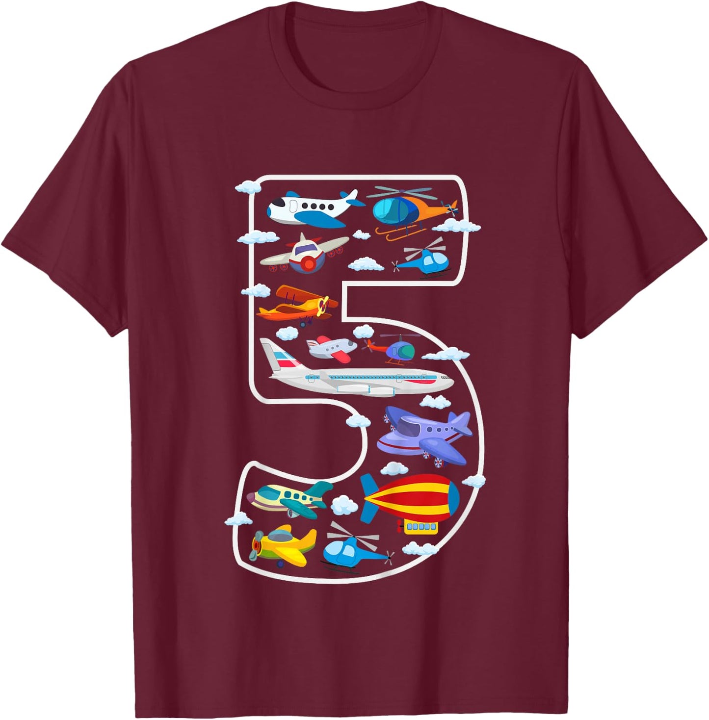 Kids Its My 5th Birthday Boys 5 Airplanes Helicopters 5 Years Old T-Shirt - T-Shirt | Maroon