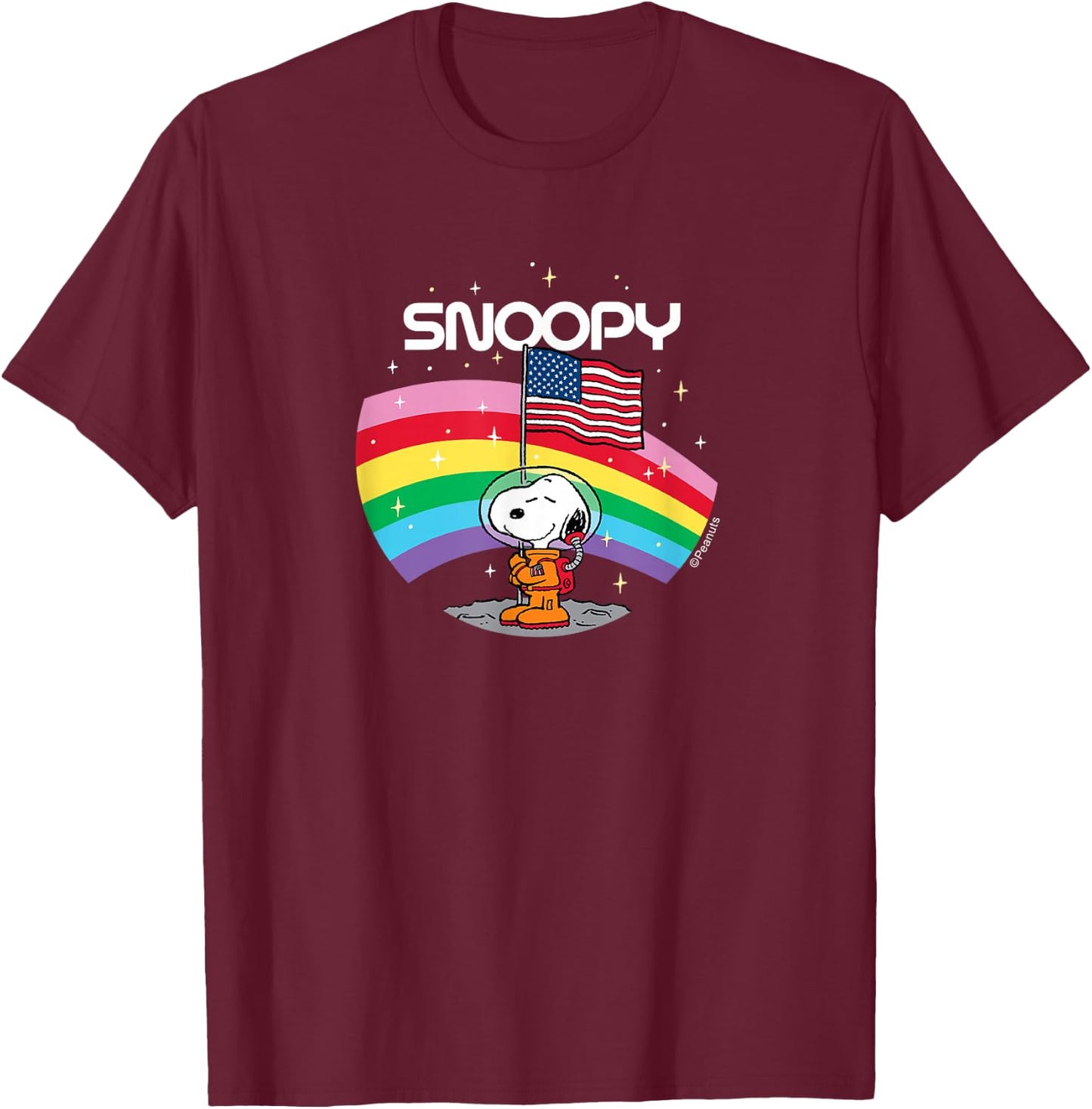 Peanuts - Snoopy Rainbow Space Beagle Badge with USA Flag T-Shirt - T-Shirt | Maroon