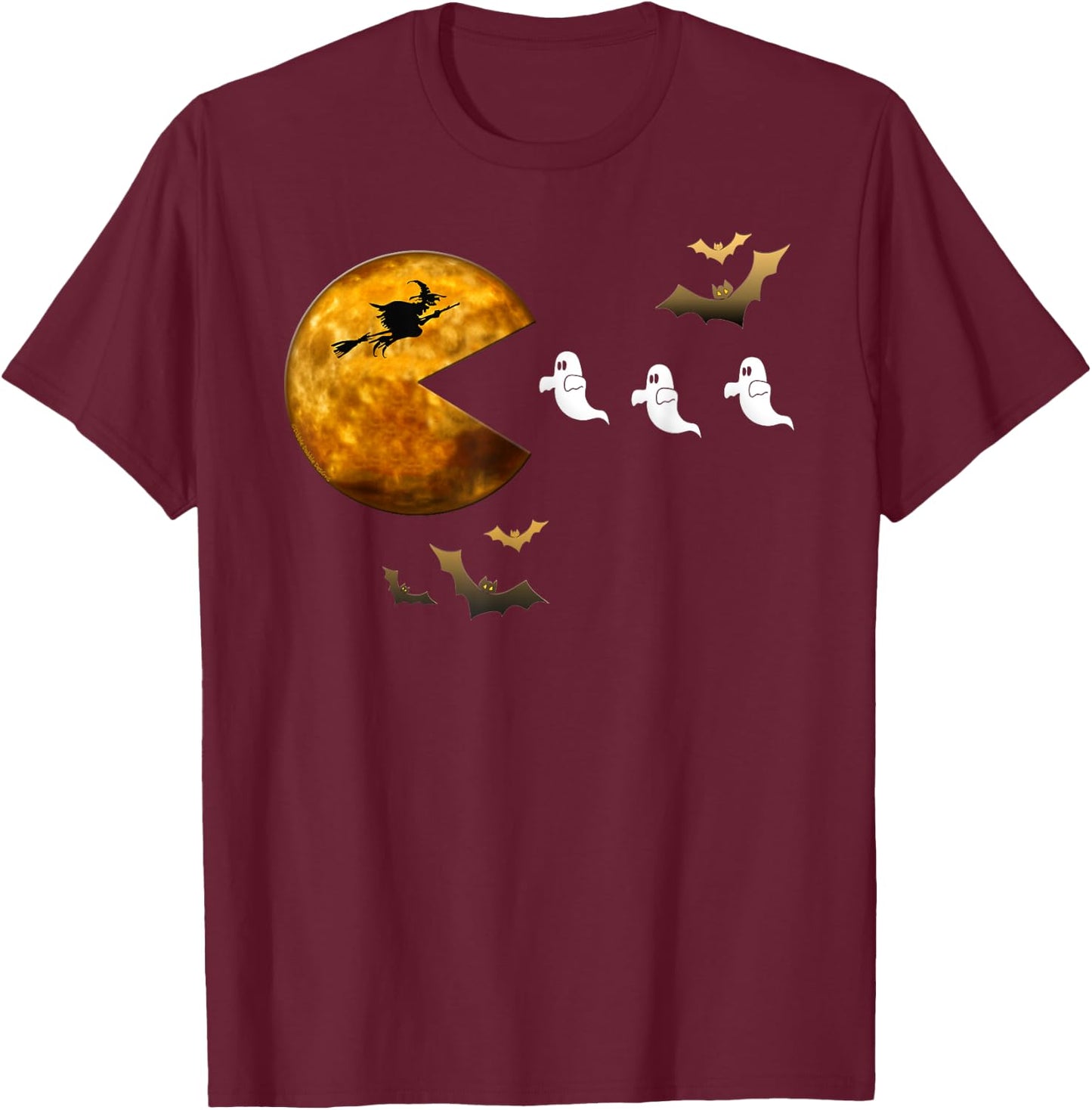 Fun Halloween Full Moon Eating Ghosts - Halloween T-Shirt - T-Shirt | Maroon