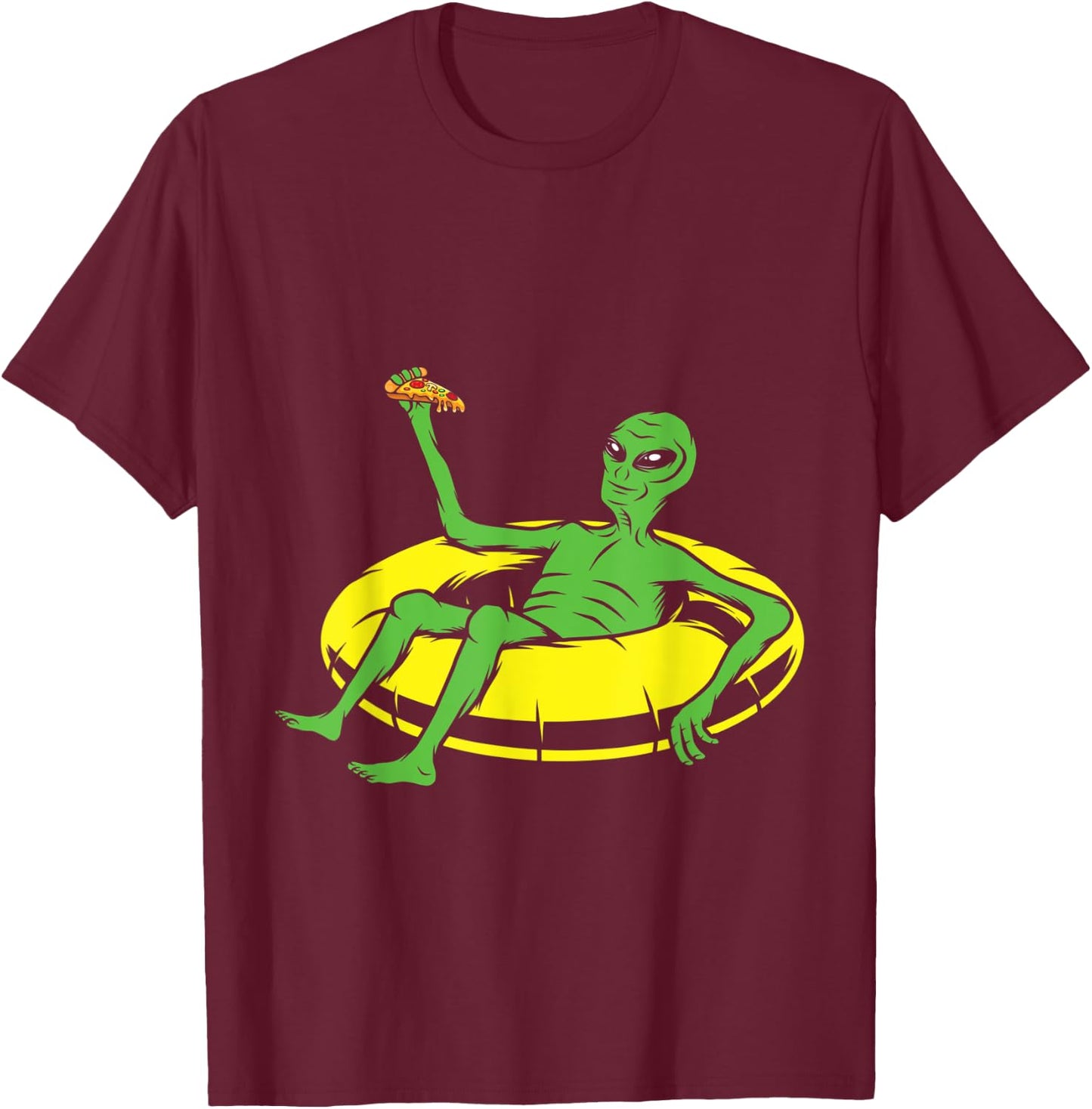 Funny Alien Eating Pizza In Swimming Pool T-Shirt - T-Shirt | Maroon