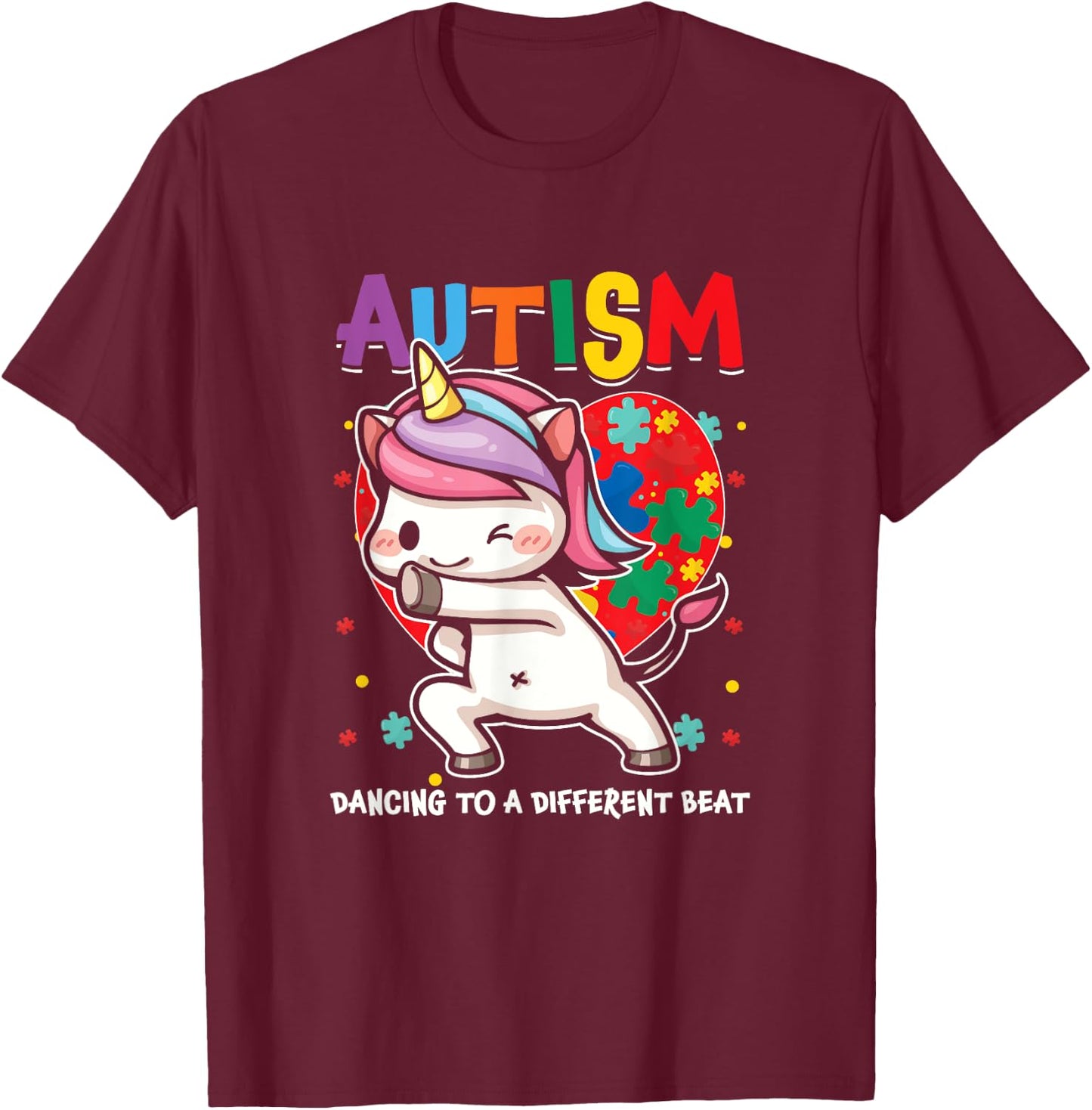 Autistic Unicorn Autism Awareness Heart Ribbon Puzzle Health T-Shirt - T-Shirt | Maroon