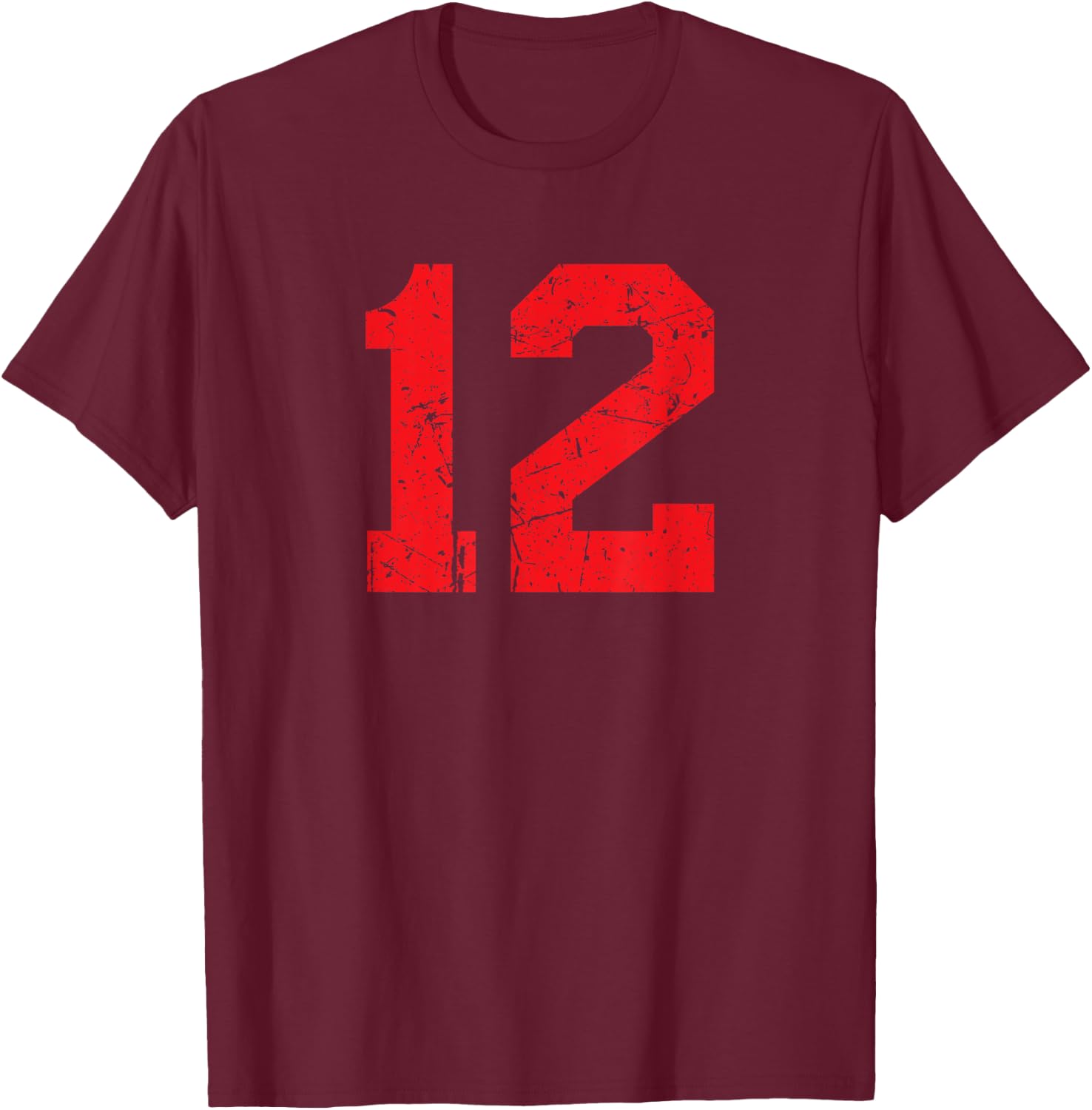 Number #12 Red Distressed Sports Team T-Shirt - T-Shirt | Maroon