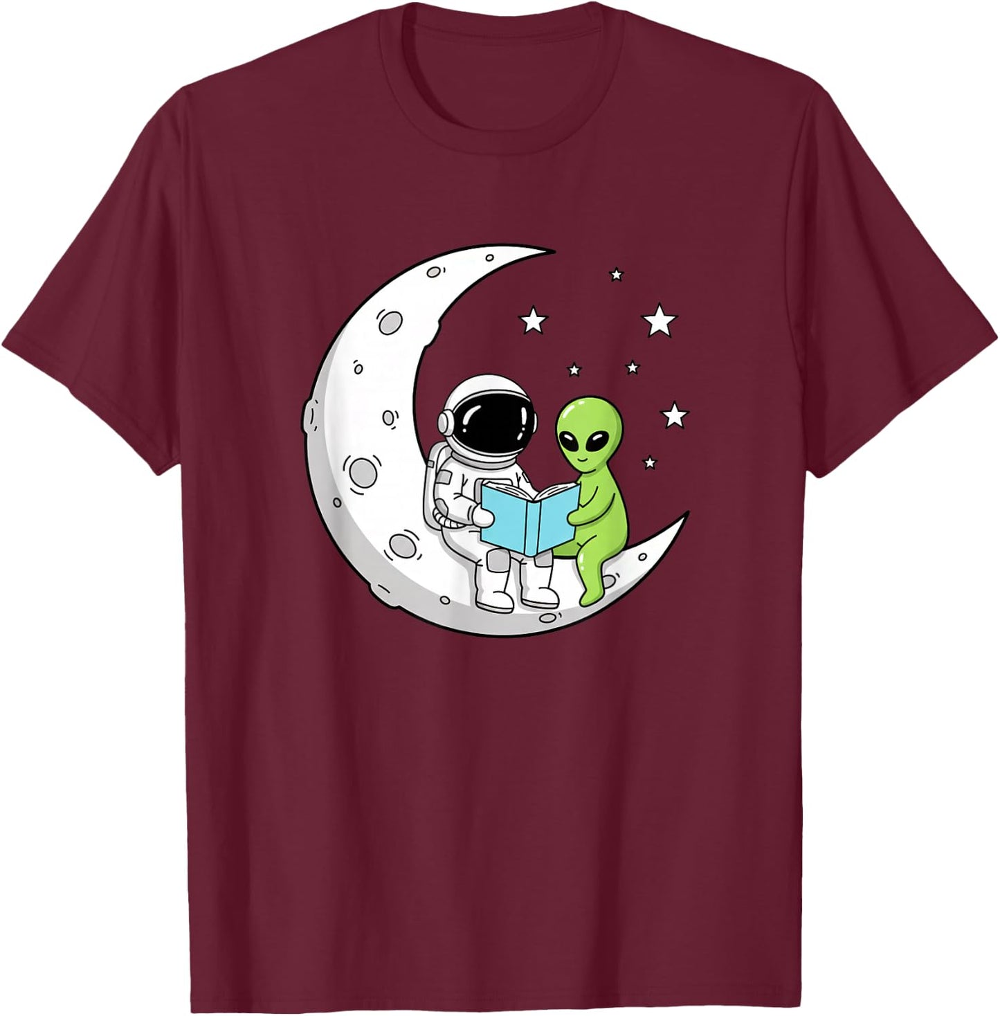 Astronaut and Alien Reading On Moon Space Book Lover Sci Fi T-Shirt - T-Shirt | Maroon
